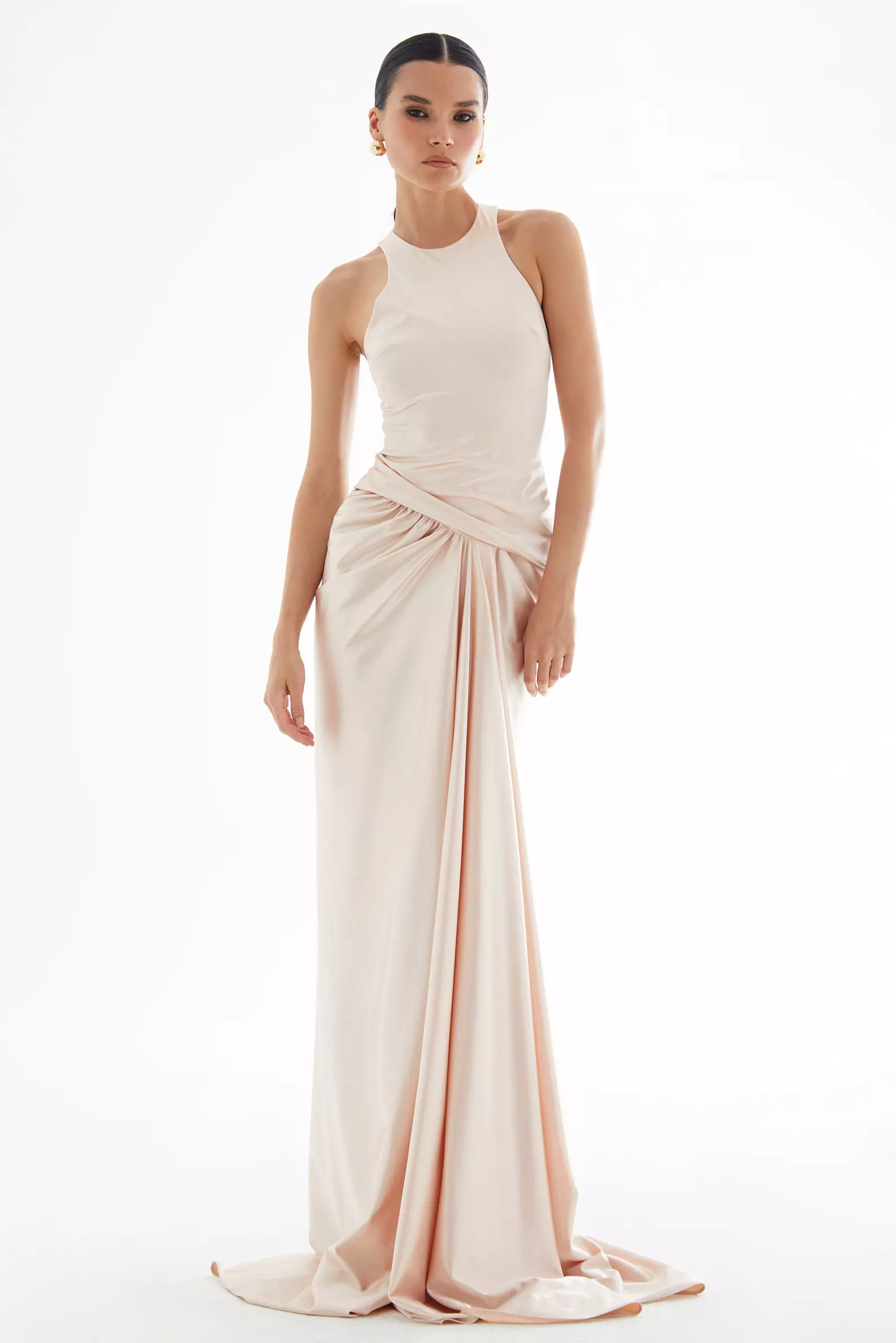 Blush örme Saten Sleeveless Long Dress