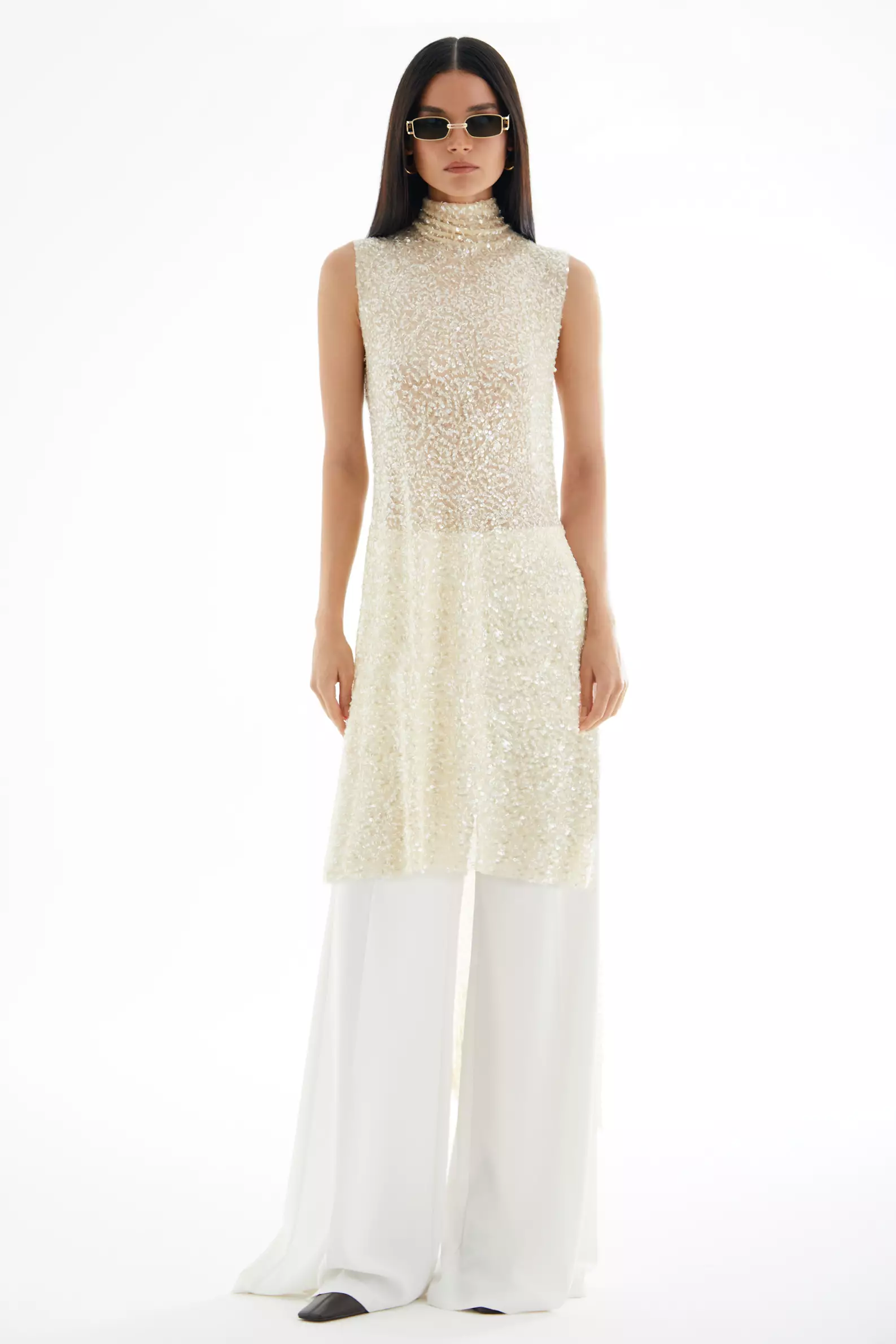 Beige sequin sleeveless maxi tunik