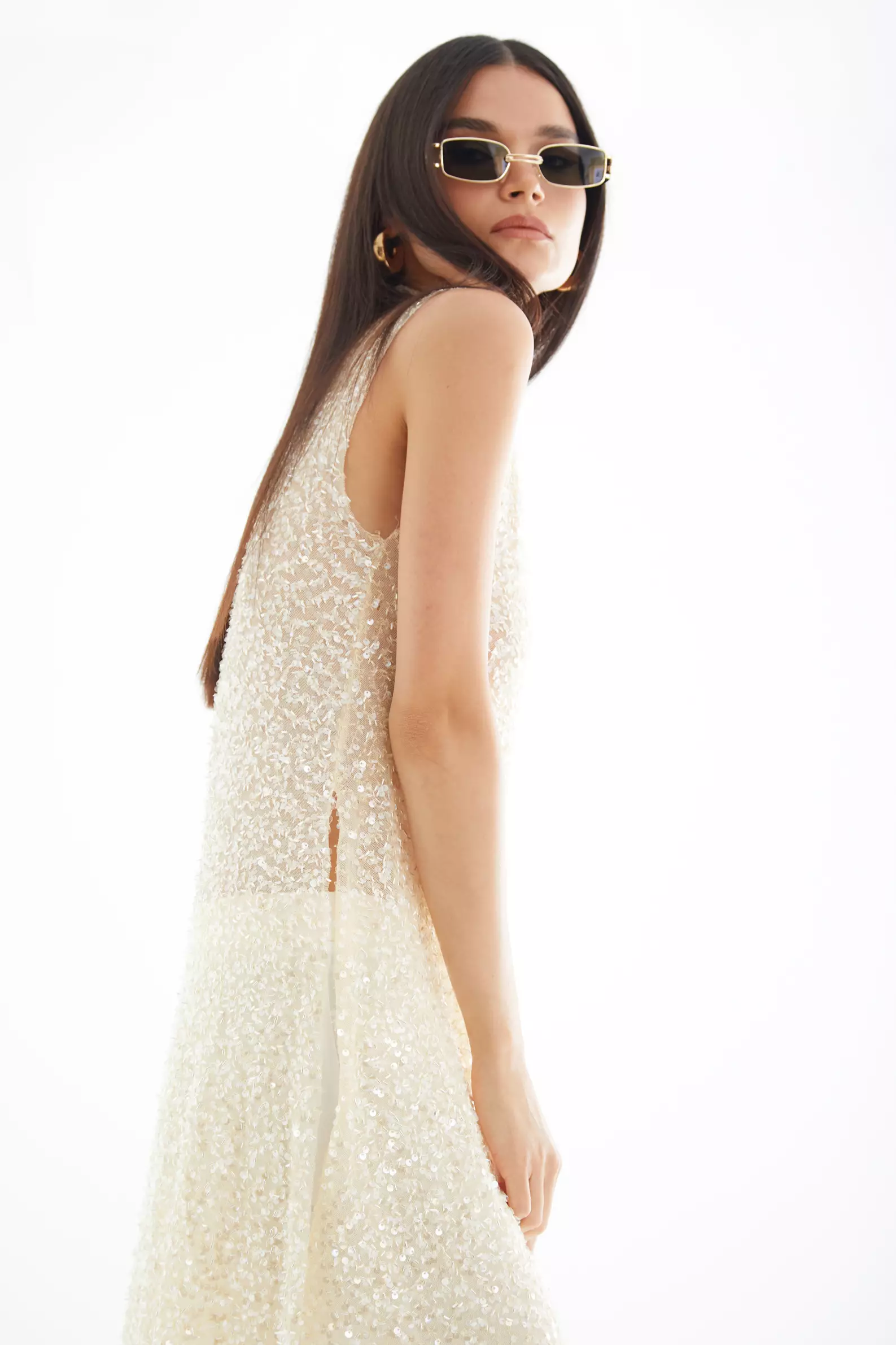 Beige sequin sleeveless maxi tunik