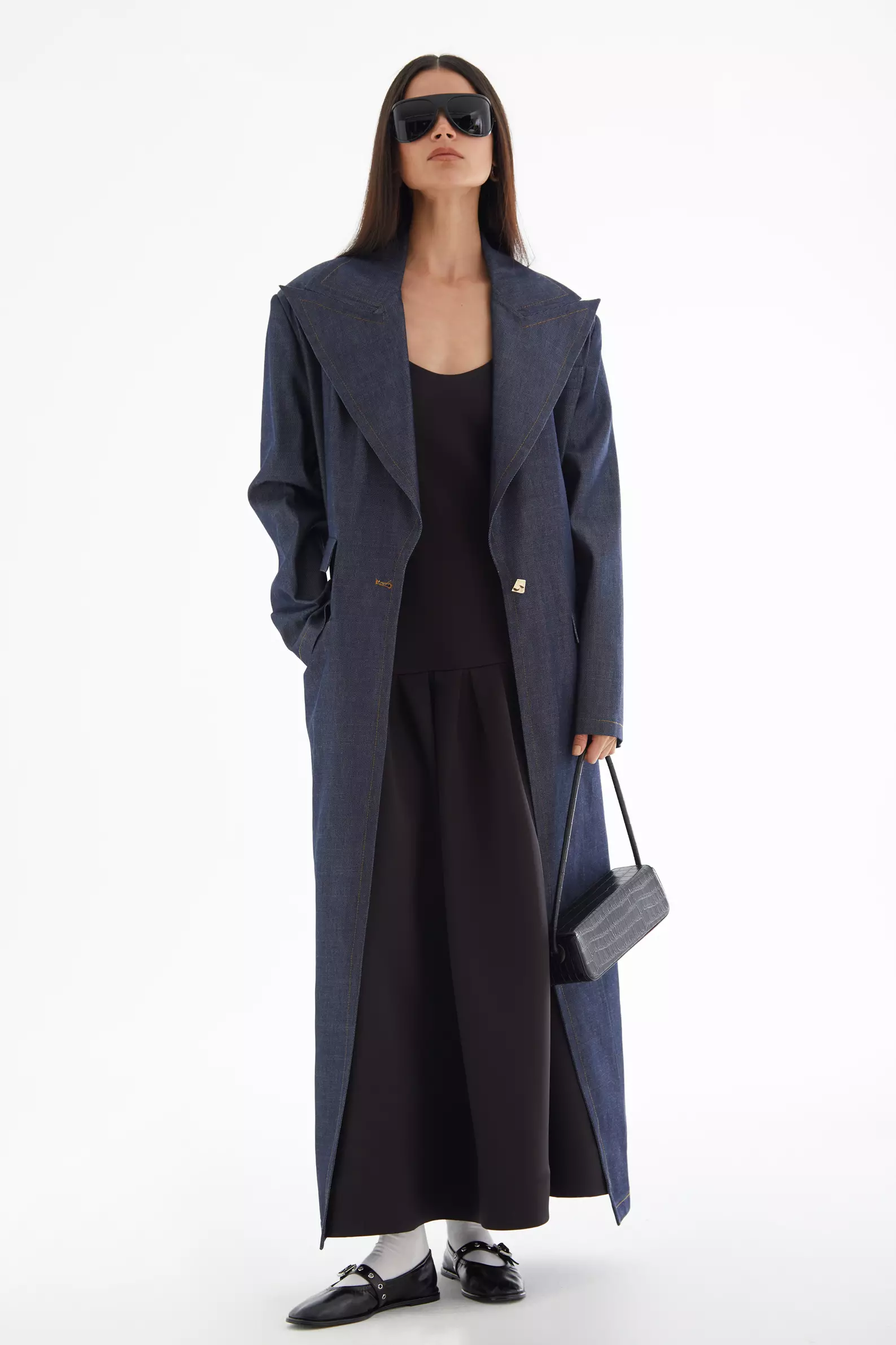 Navy Blue Kot Long Sleeve Long Coat