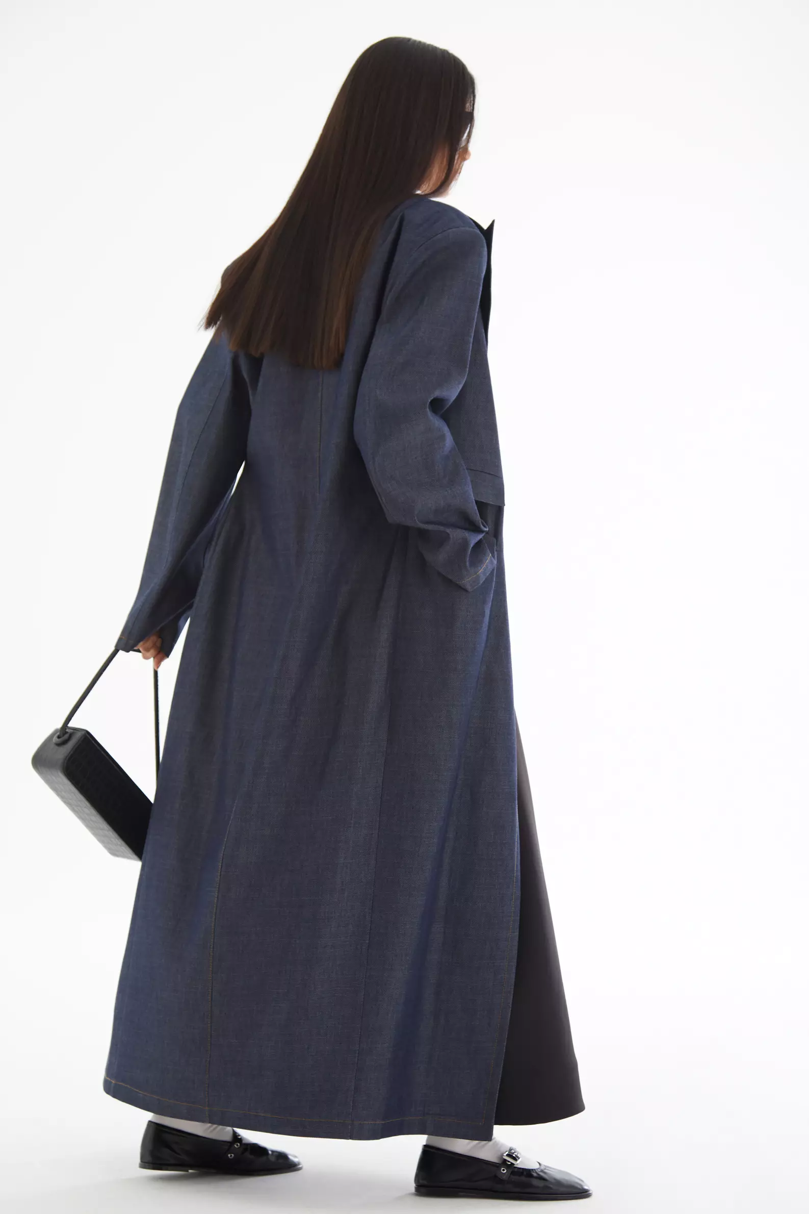 Navy Blue Kot Long Sleeve Long Coat