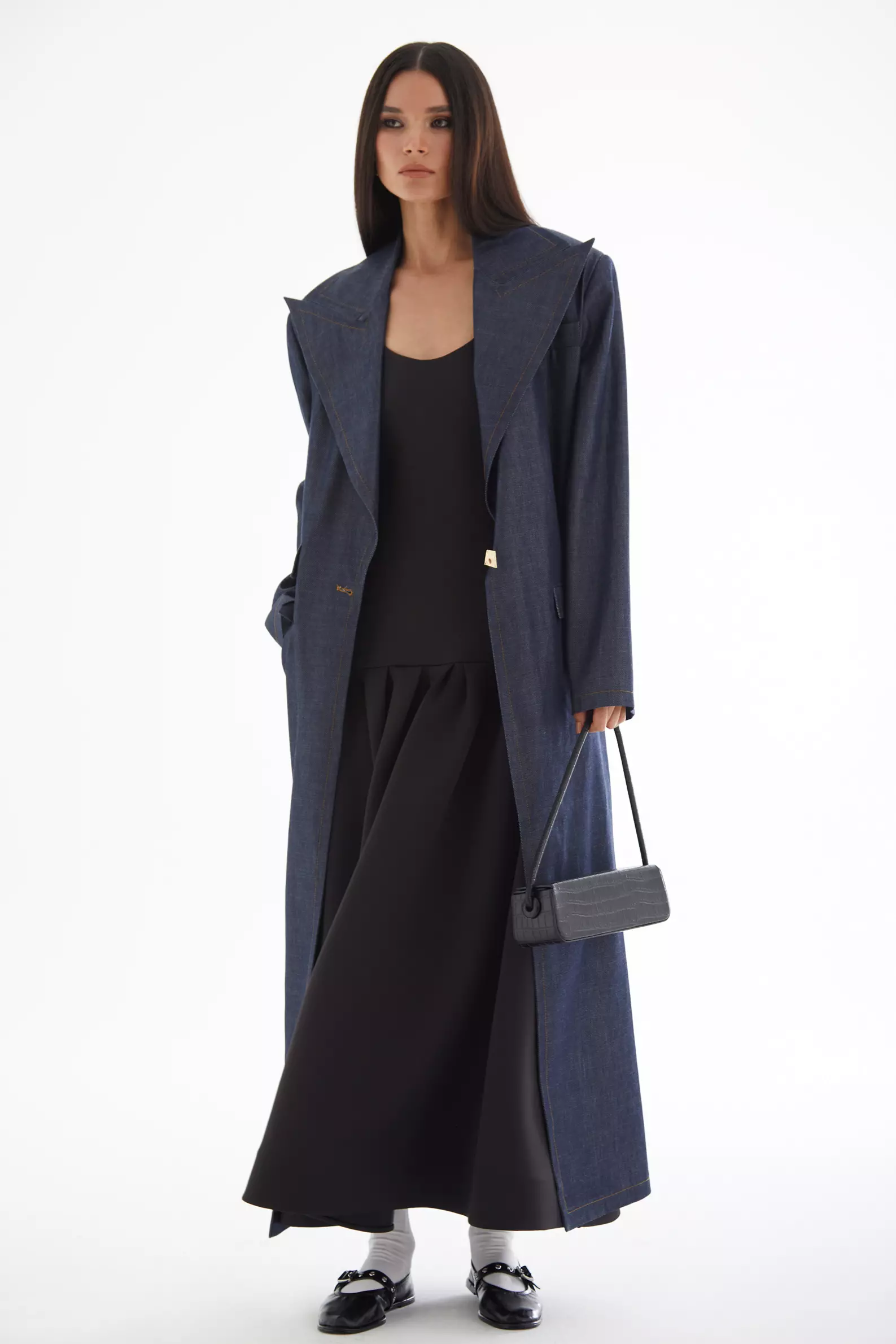 Navy Blue Kot Long Sleeve Long Coat