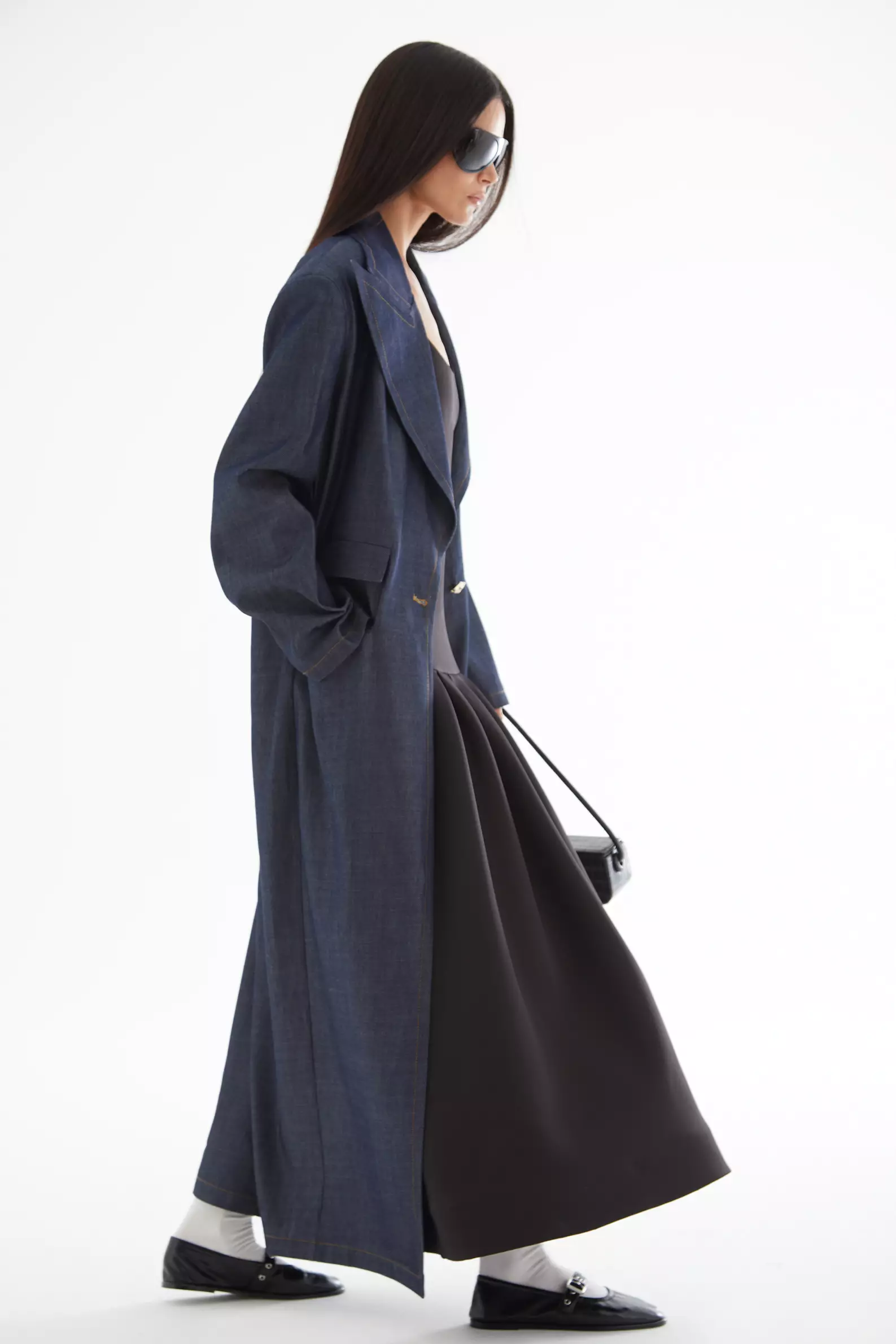 Navy Blue Kot Long Sleeve Long Coat