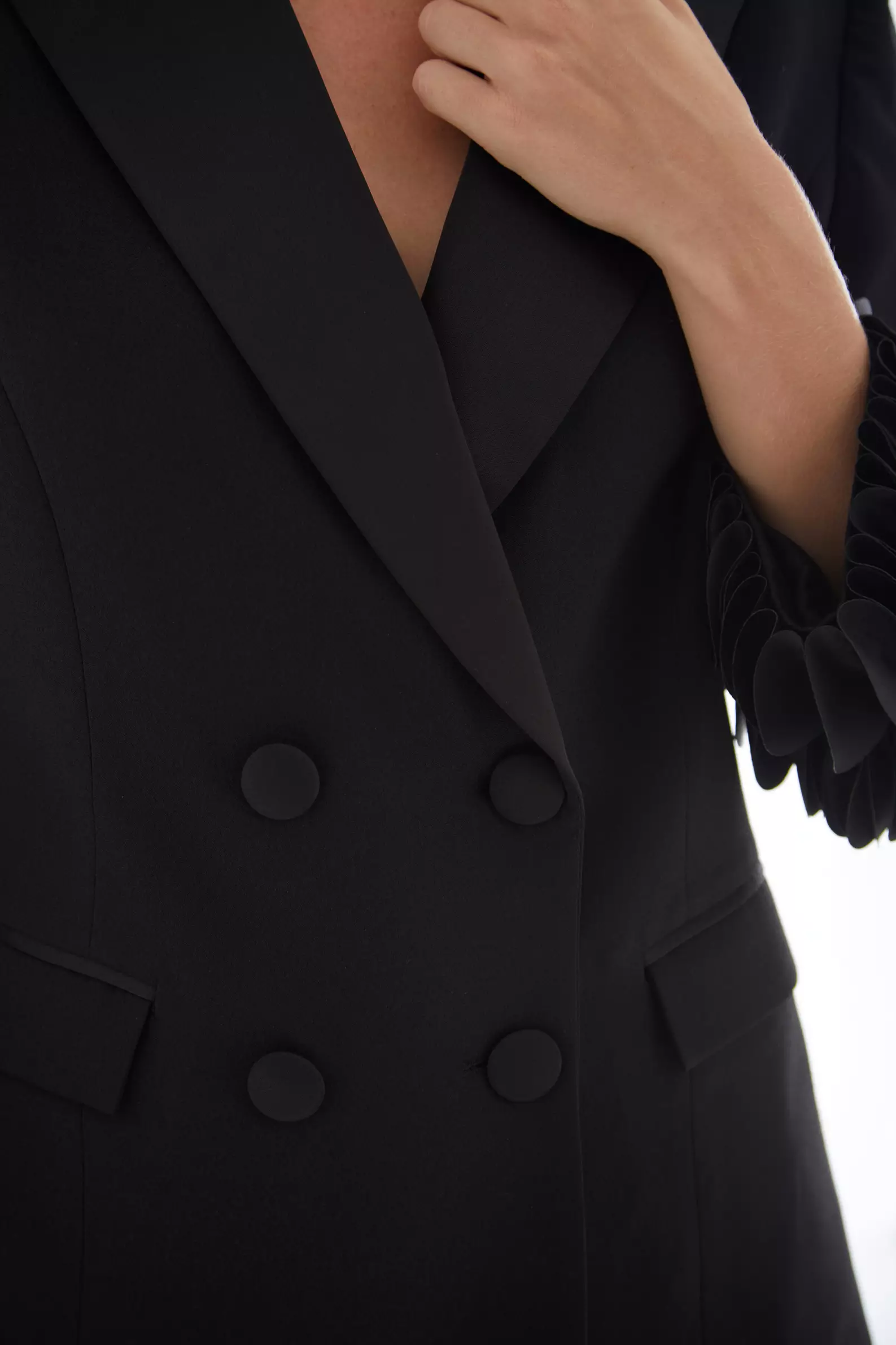 Black Krep Saten Long Sleeve Long Jacket