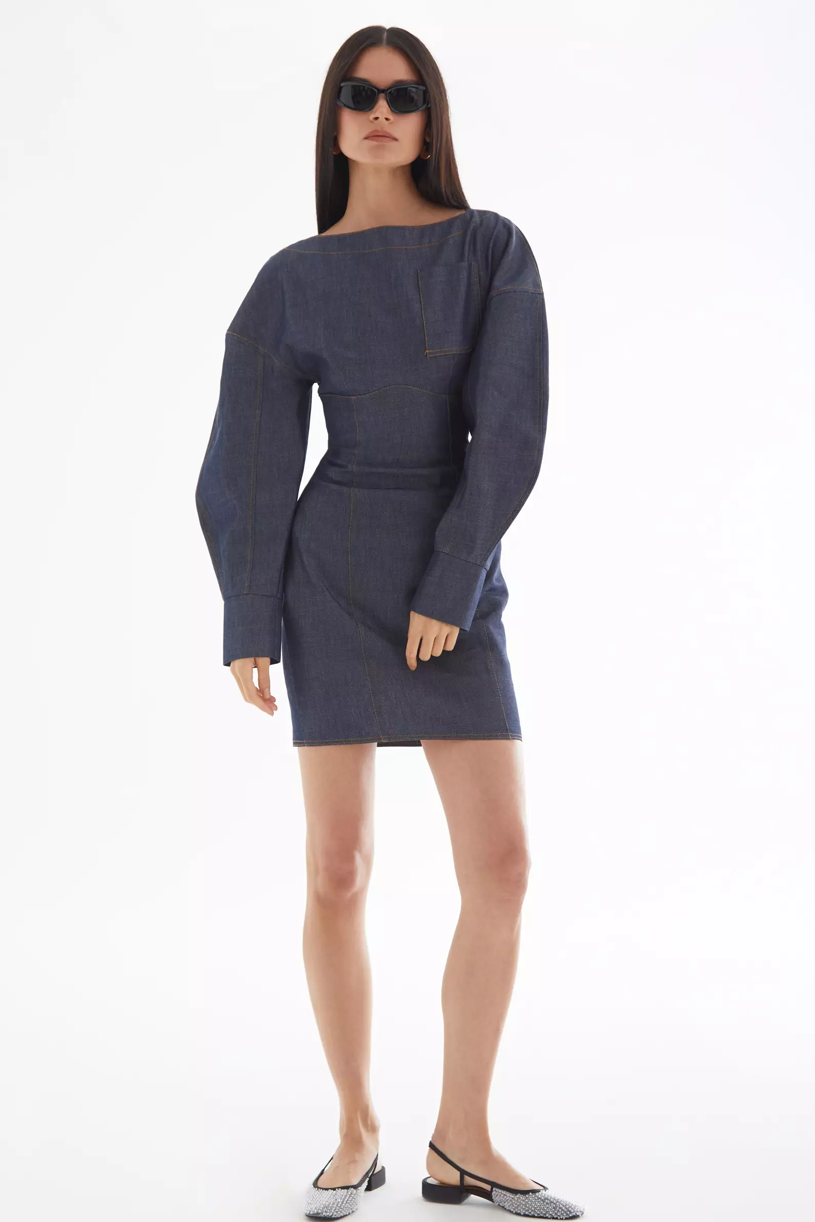 Navy Blue Kot Long Sleeve Mini Dress