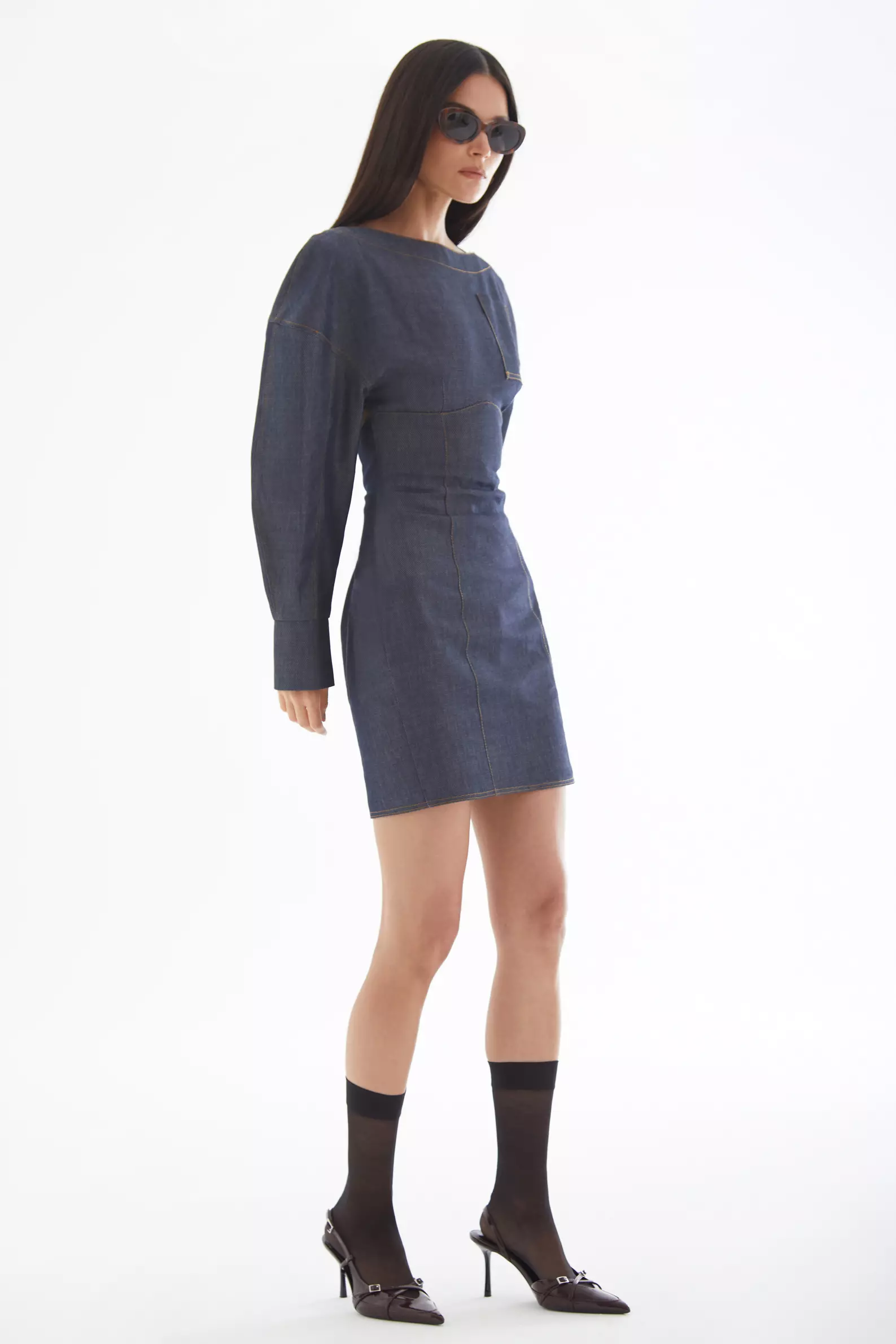 Navy Blue Kot Long Sleeve Mini Dress