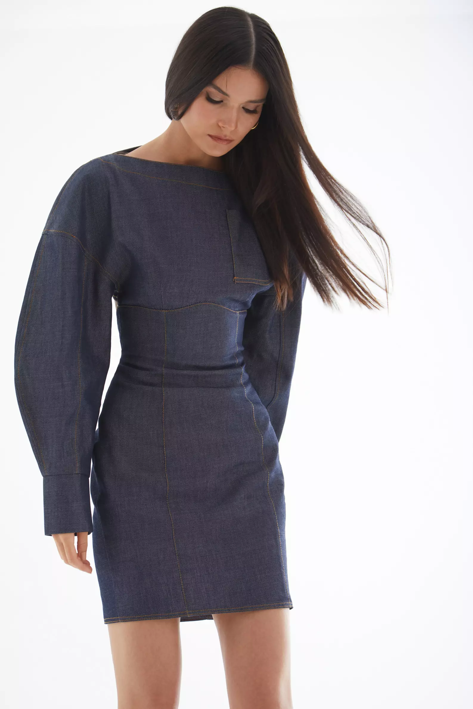 Navy Blue Kot Long Sleeve Mini Dress