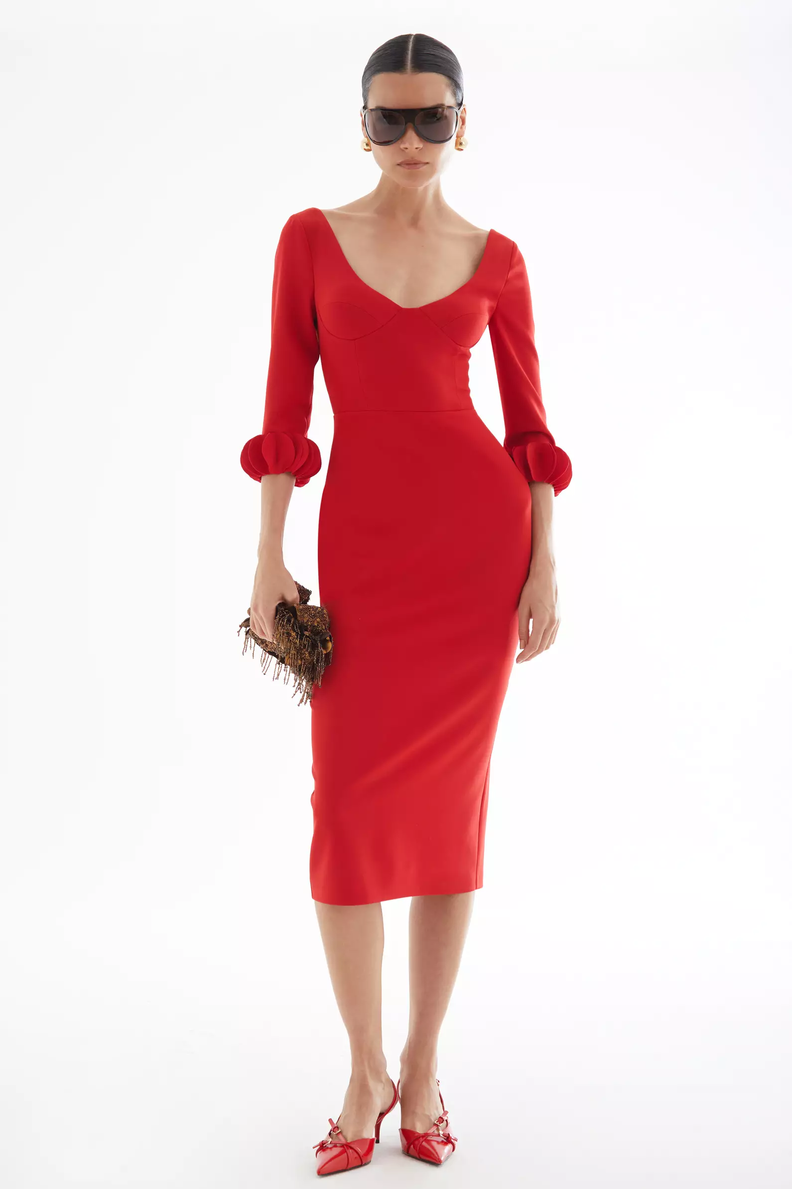 Red Crepe Long Sleeve Maxi Dress