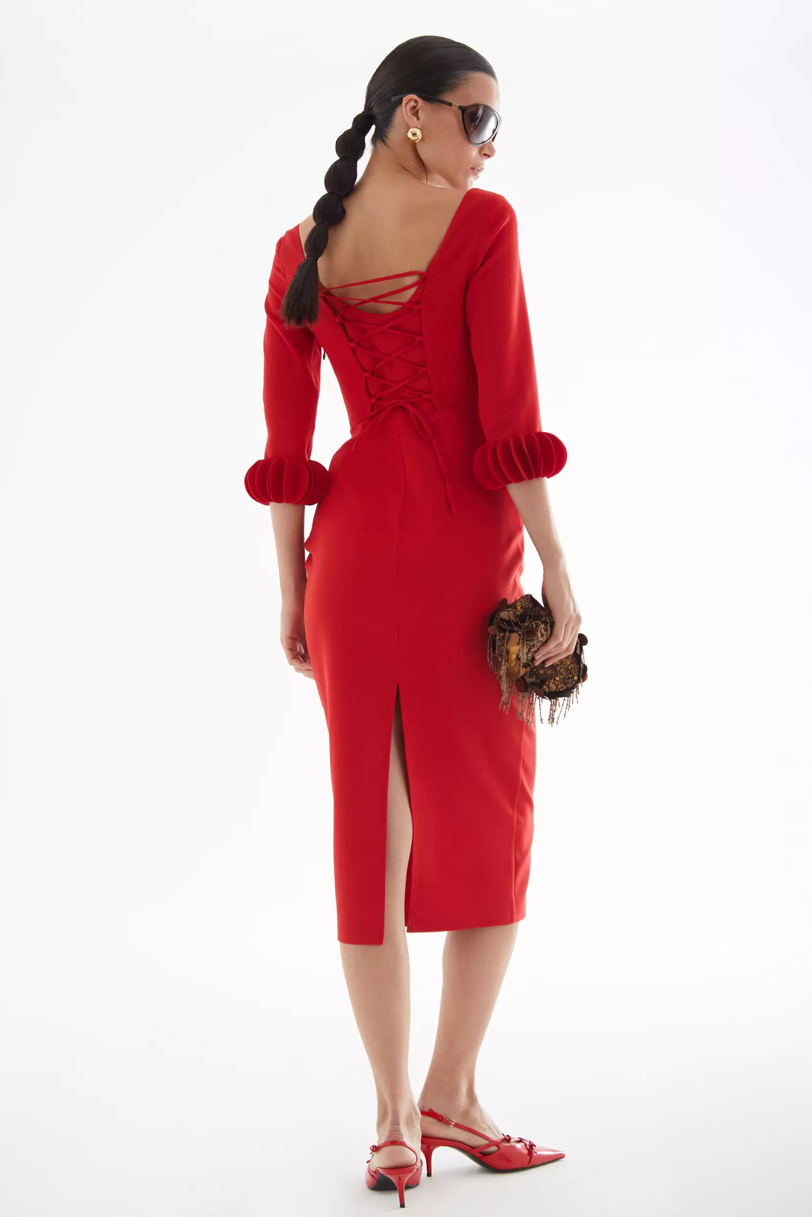 Red Crepe Long Sleeve Maxi Dress