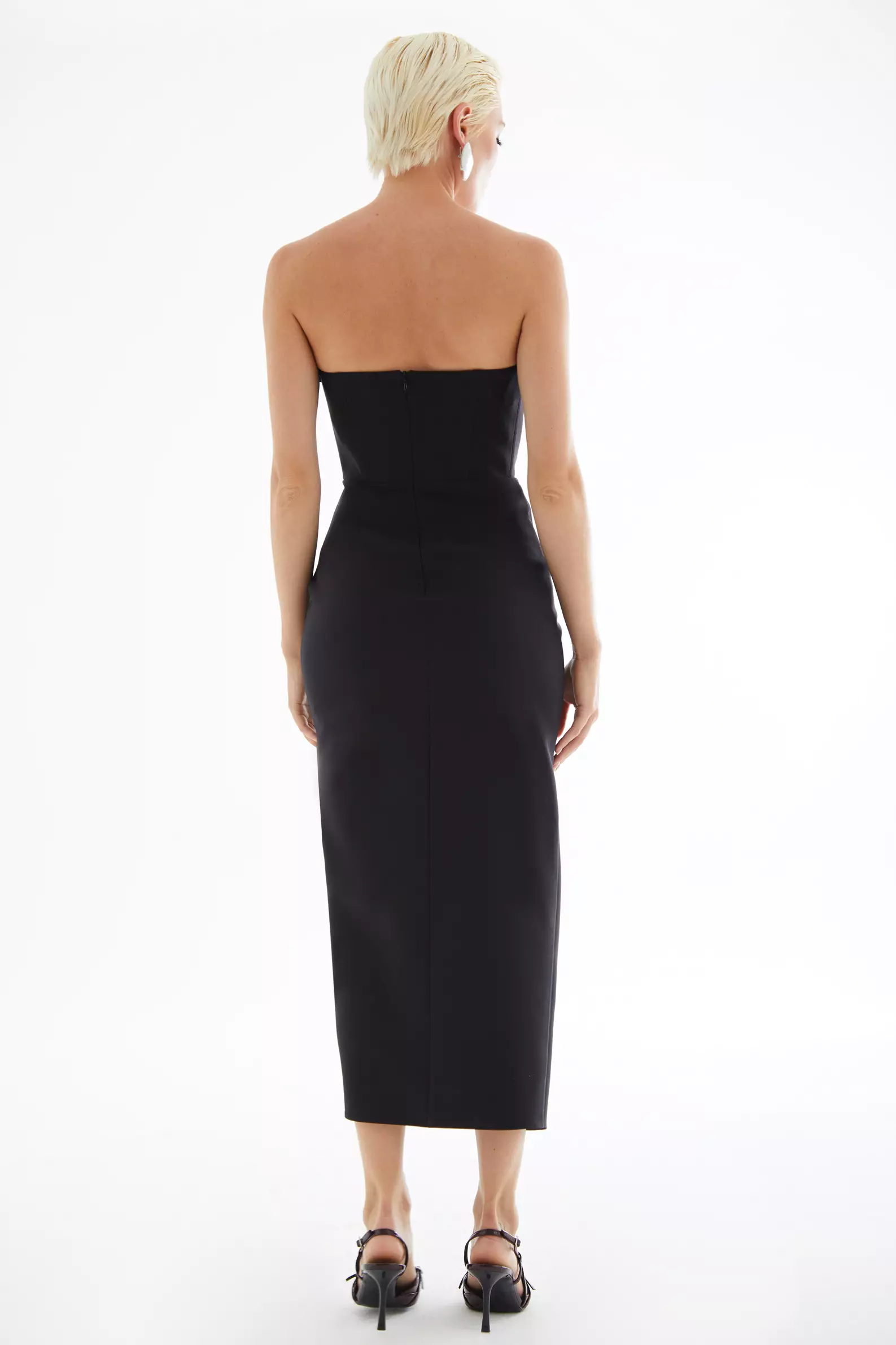 Black Crepe Strapless Midi Dress