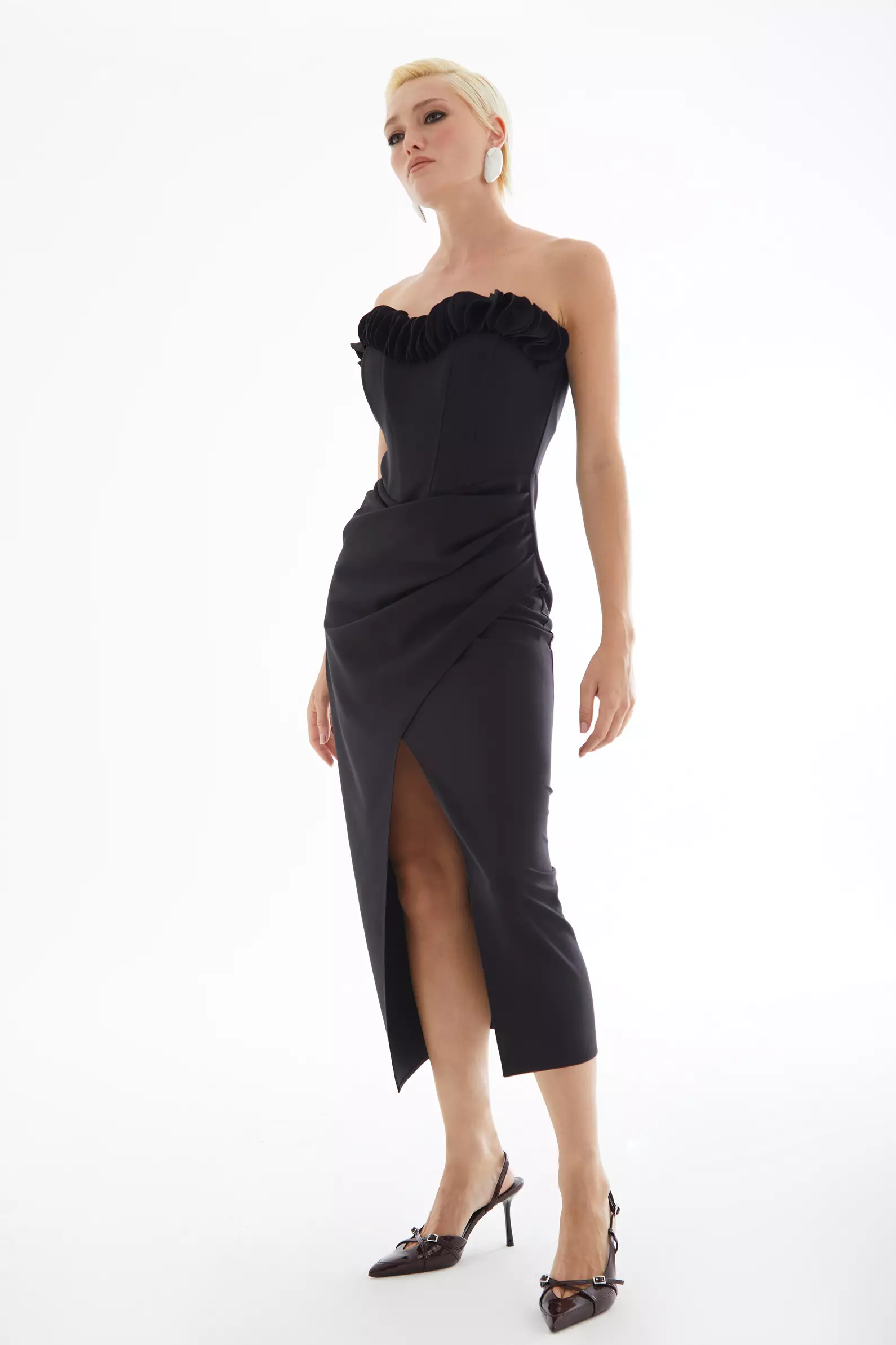 Black Crepe Strapless Midi Dress