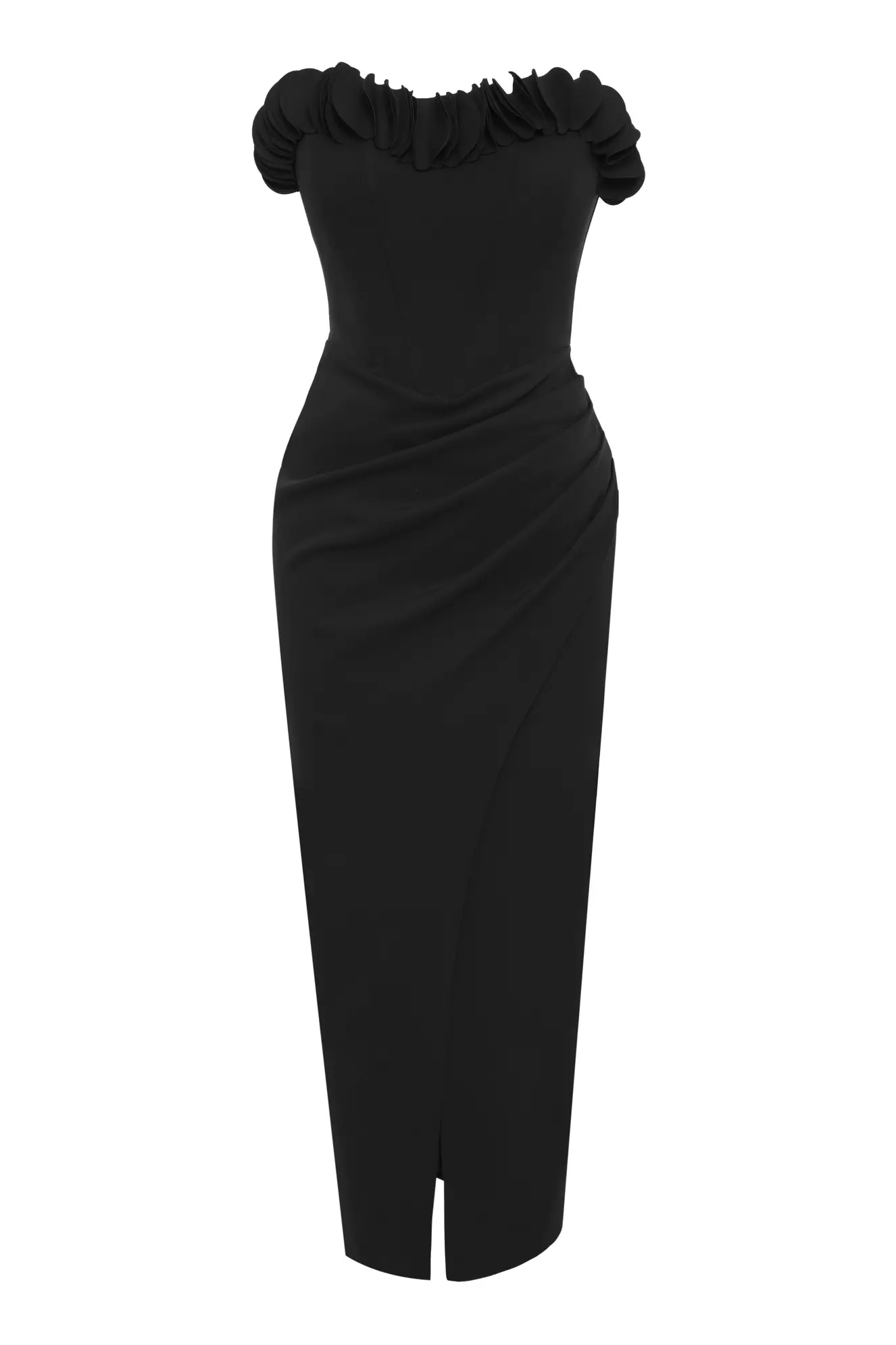 Black Crepe Strapless Midi Dress