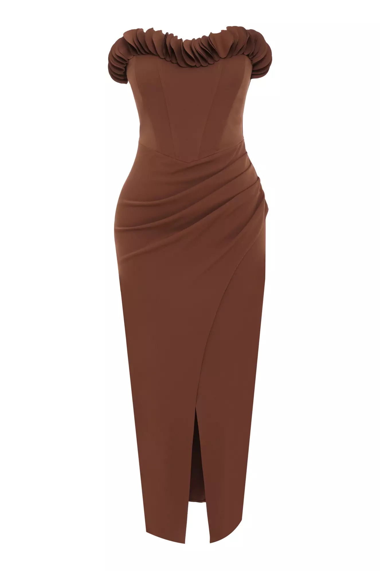 Brown crepe strapless midi dress