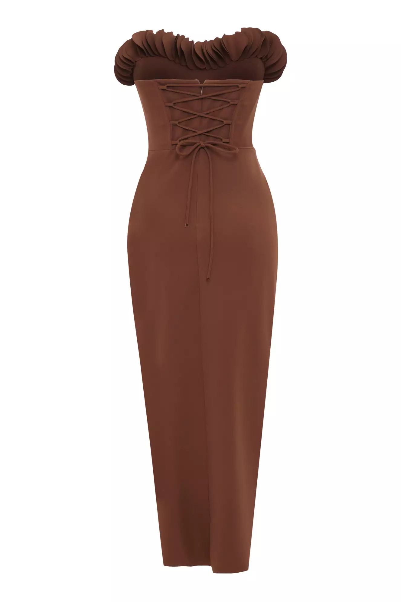 Brown crepe strapless midi dress