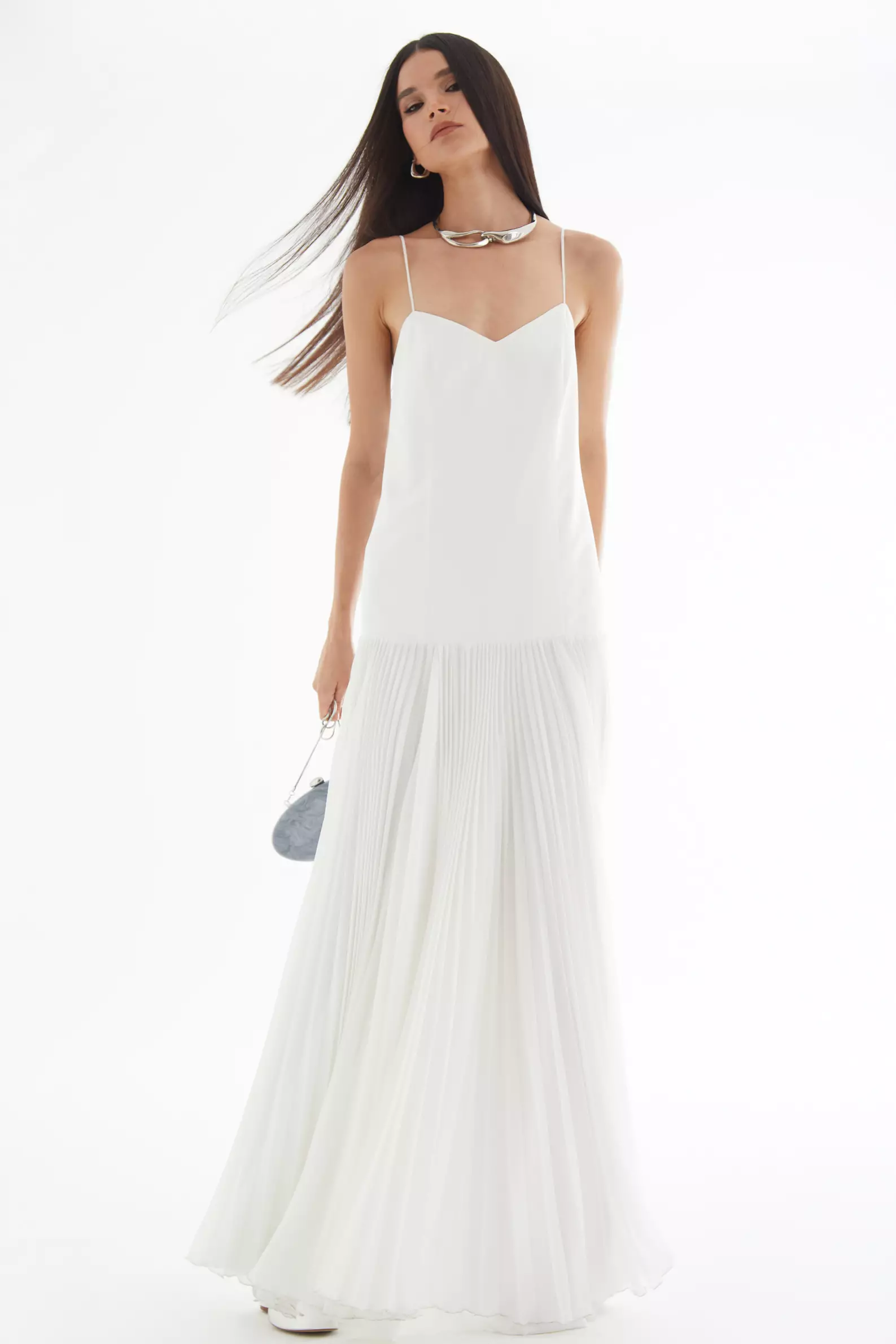 White Krep Saten Sleeveless Long Dress