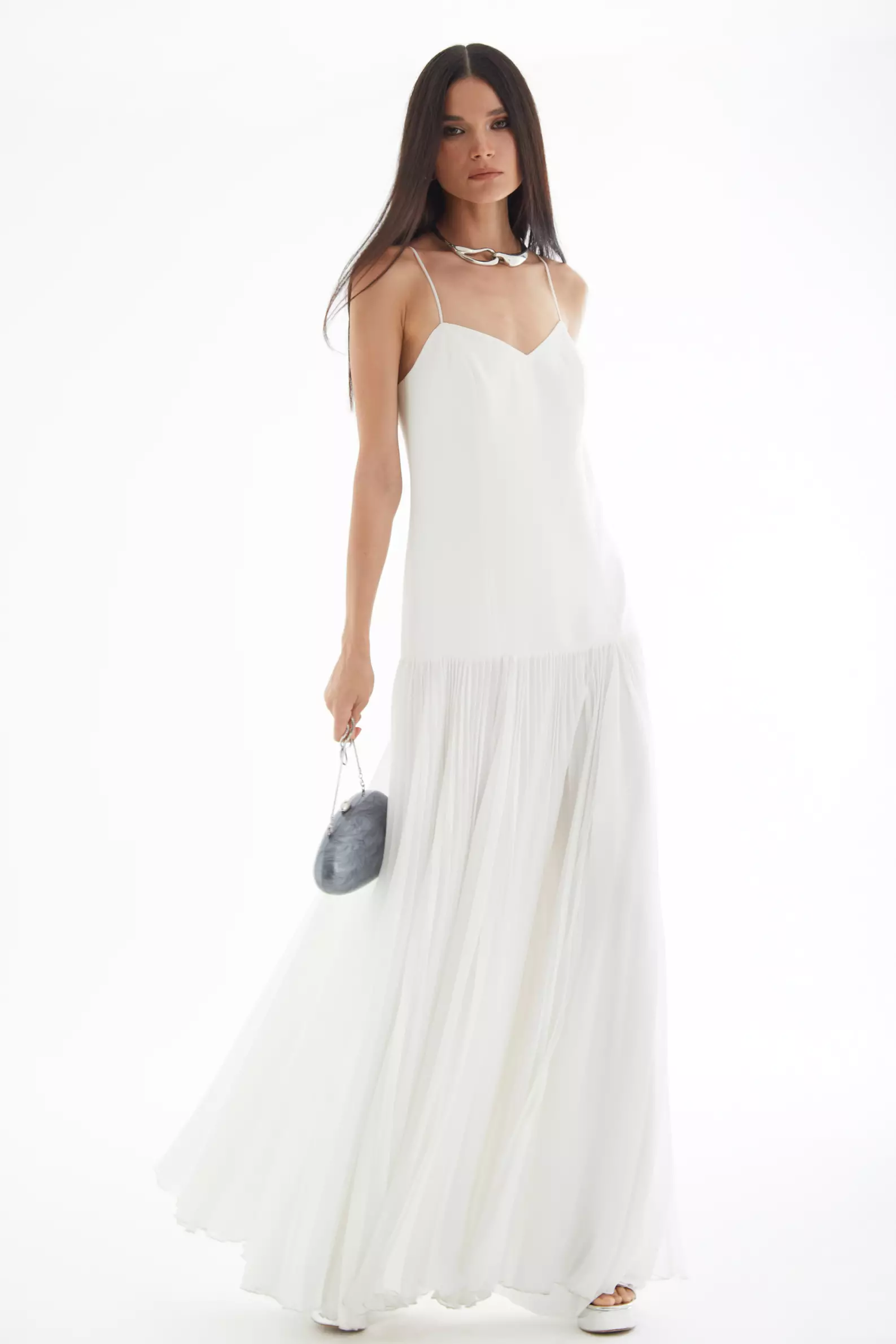 White Krep Saten Sleeveless Long Dress