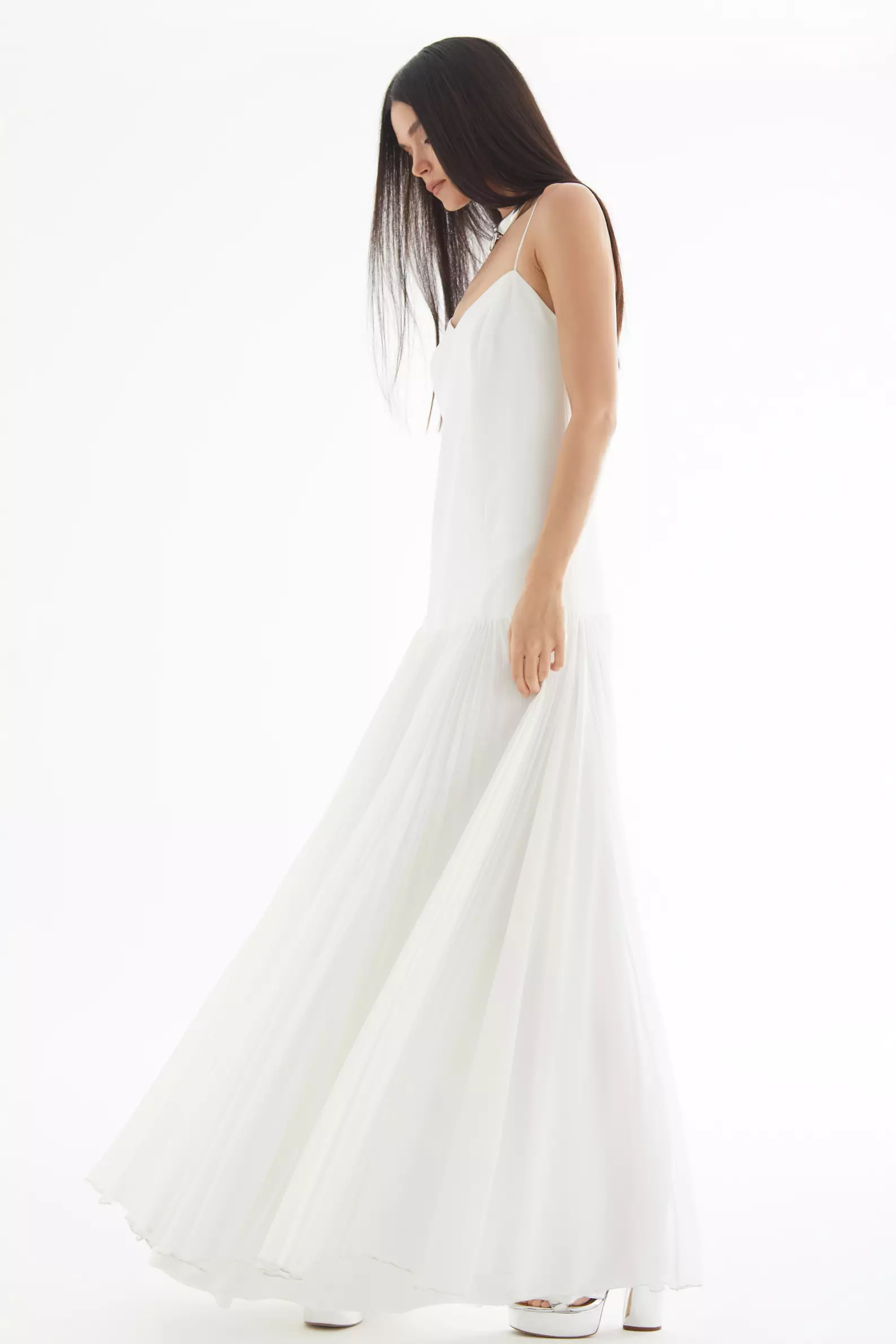 White Krep Saten Sleeveless Long Dress