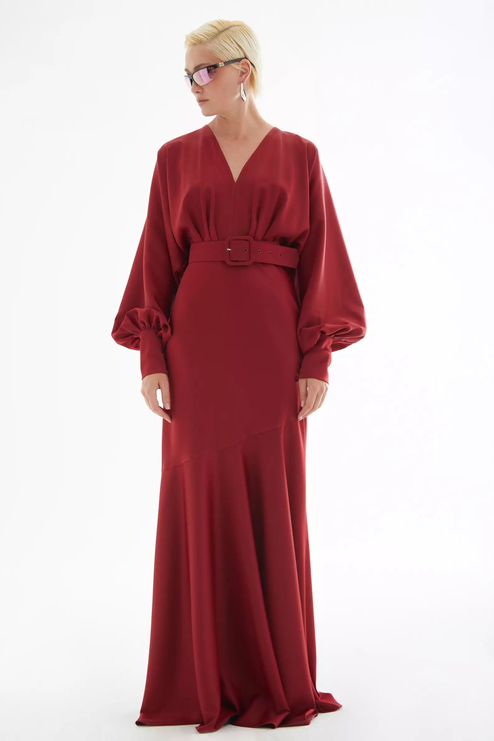 Maroon Satin Long Sleeve Long Dress