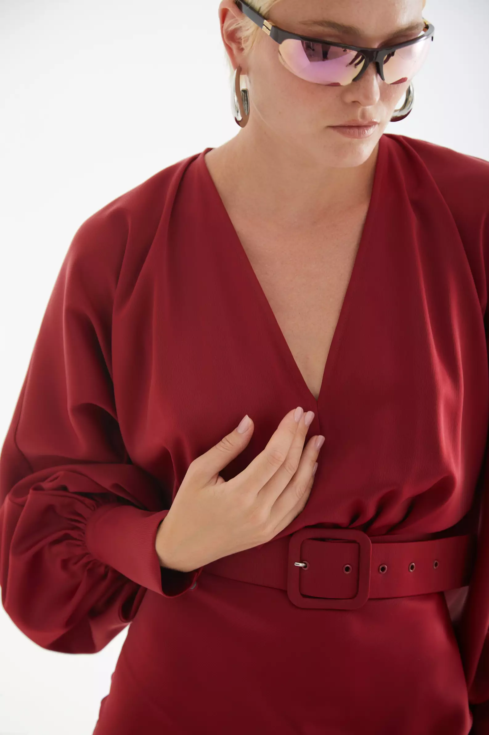 Maroon Satin Long Sleeve Long Dress