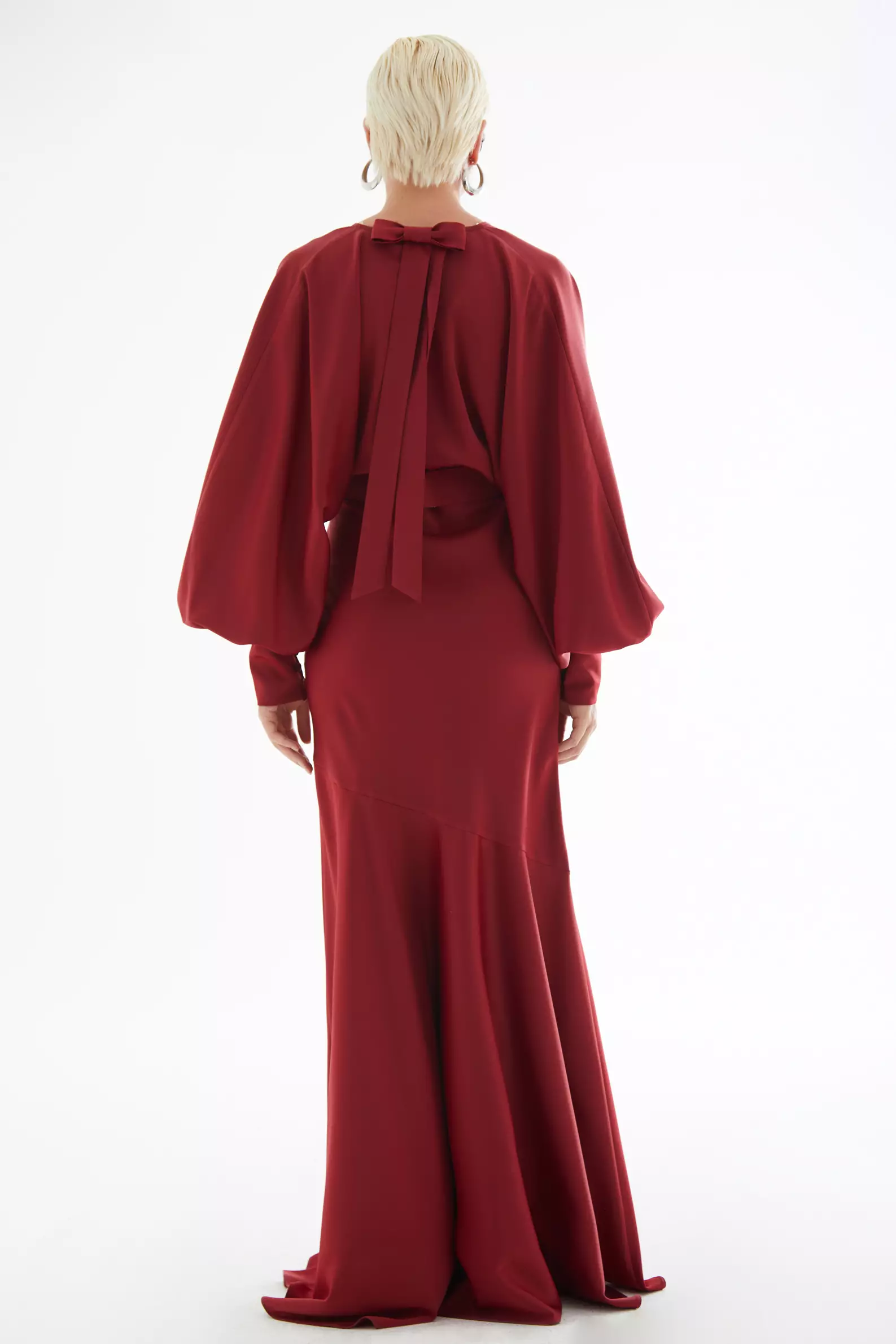 Maroon Satin Long Sleeve Long Dress