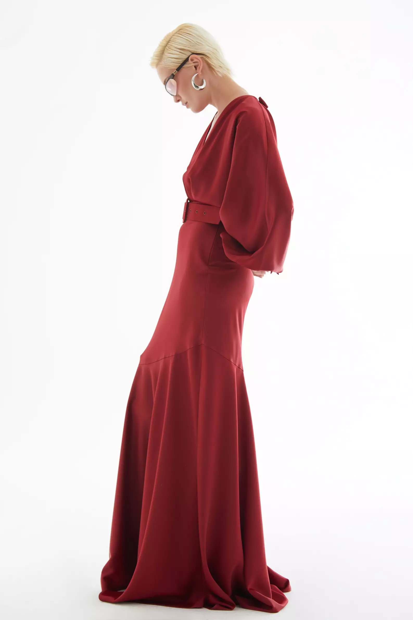 Maroon Satin Long Sleeve Long Dress