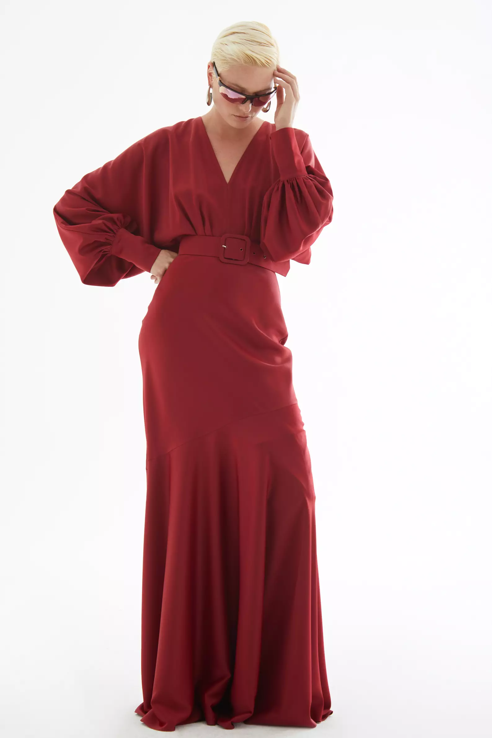 Maroon Satin Long Sleeve Long Dress