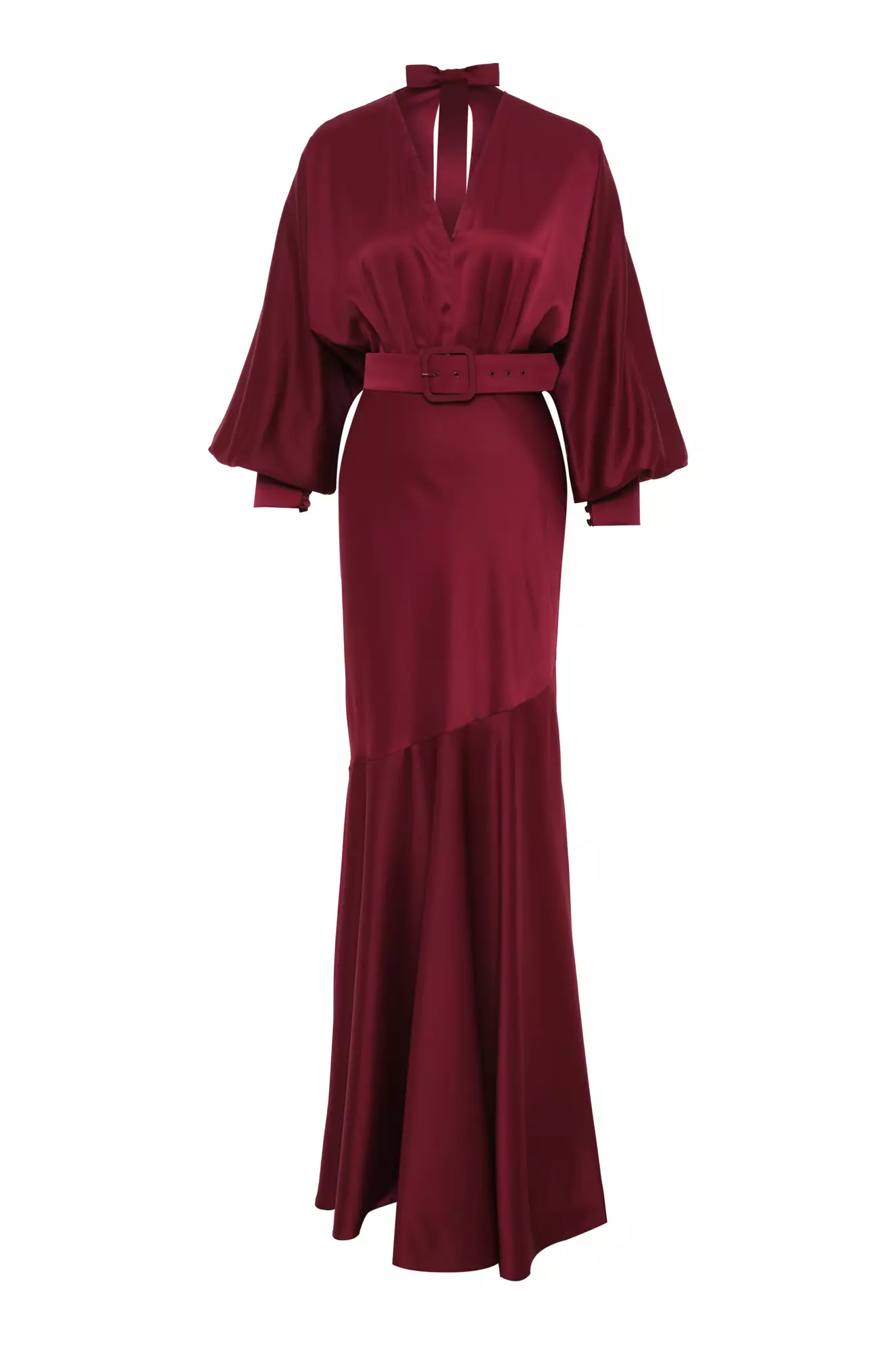 Maroon Satin Long Sleeve Long Dress