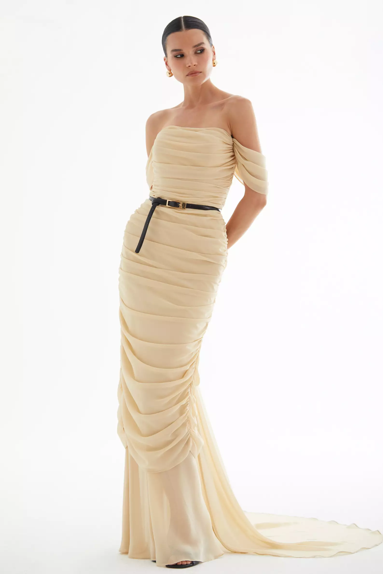 Beige Sifon Sleeveless Long Dress
