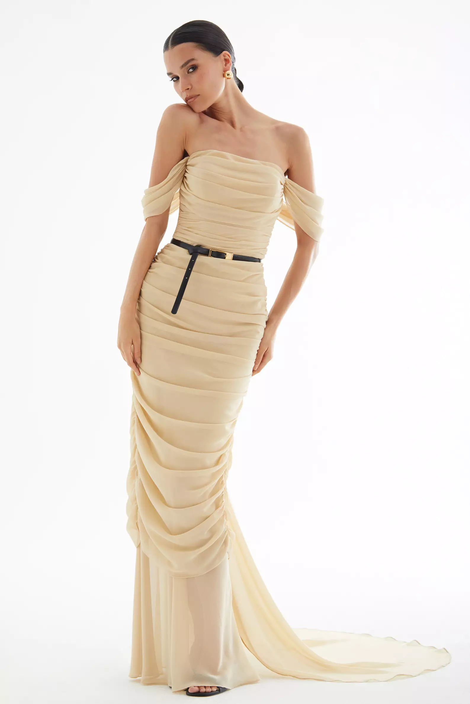 Beige Sifon Sleeveless Long Dress