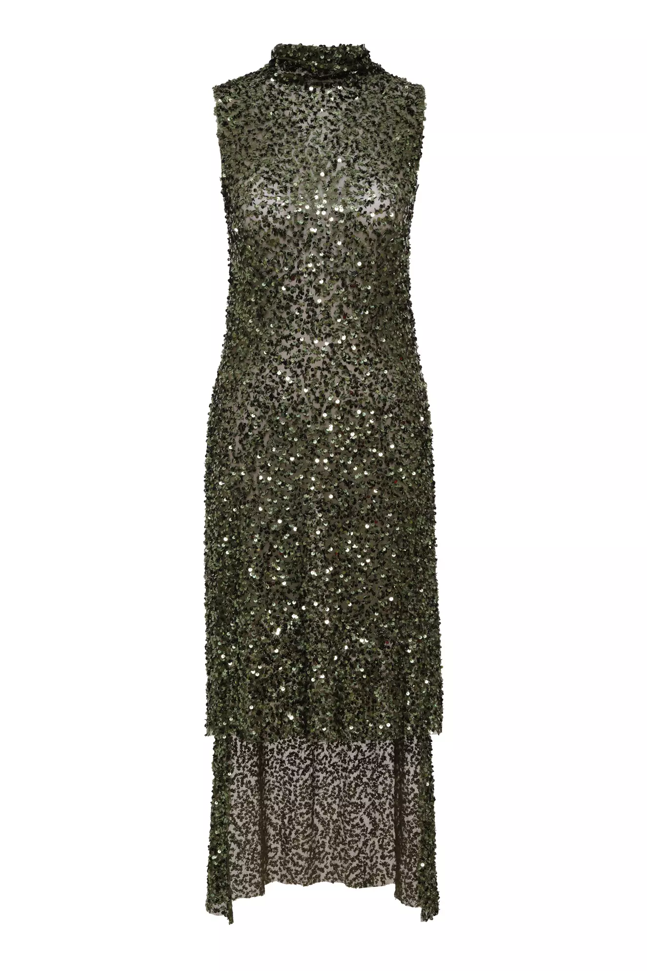 Khaki Sequin Sleeveless Maxi Tunik