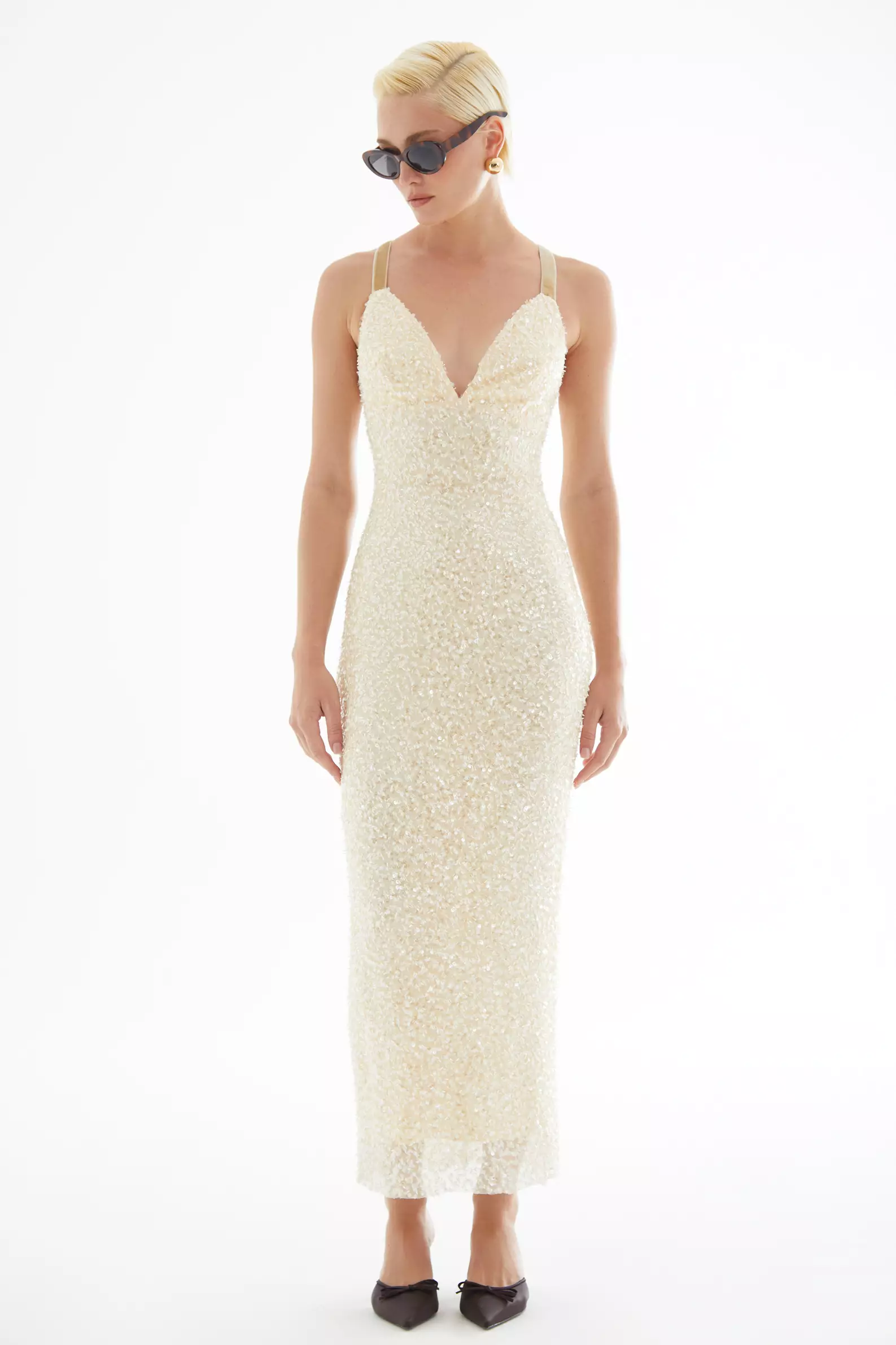 Beige sequin sleeveless midi dress