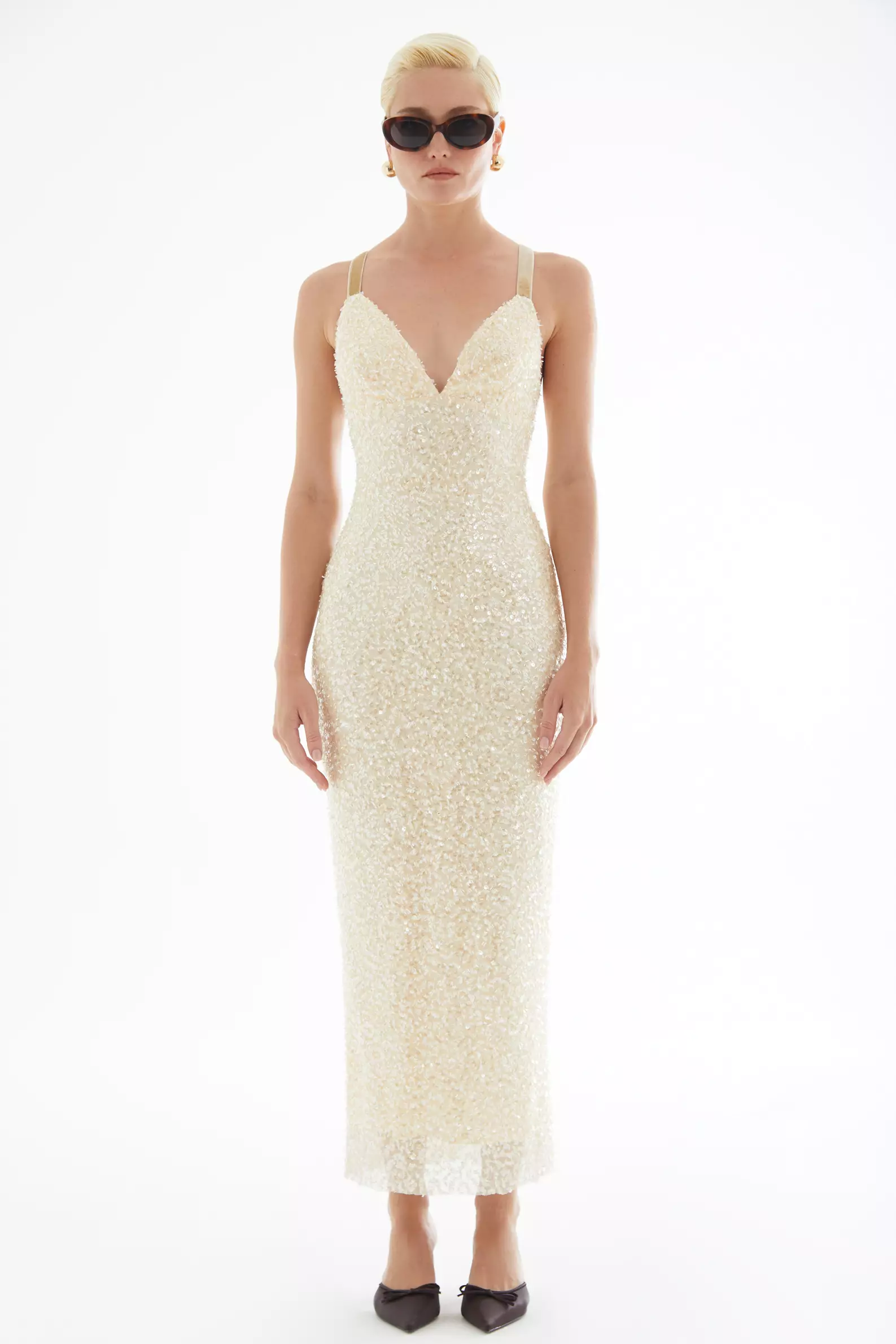 Beige sequin sleeveless midi dress