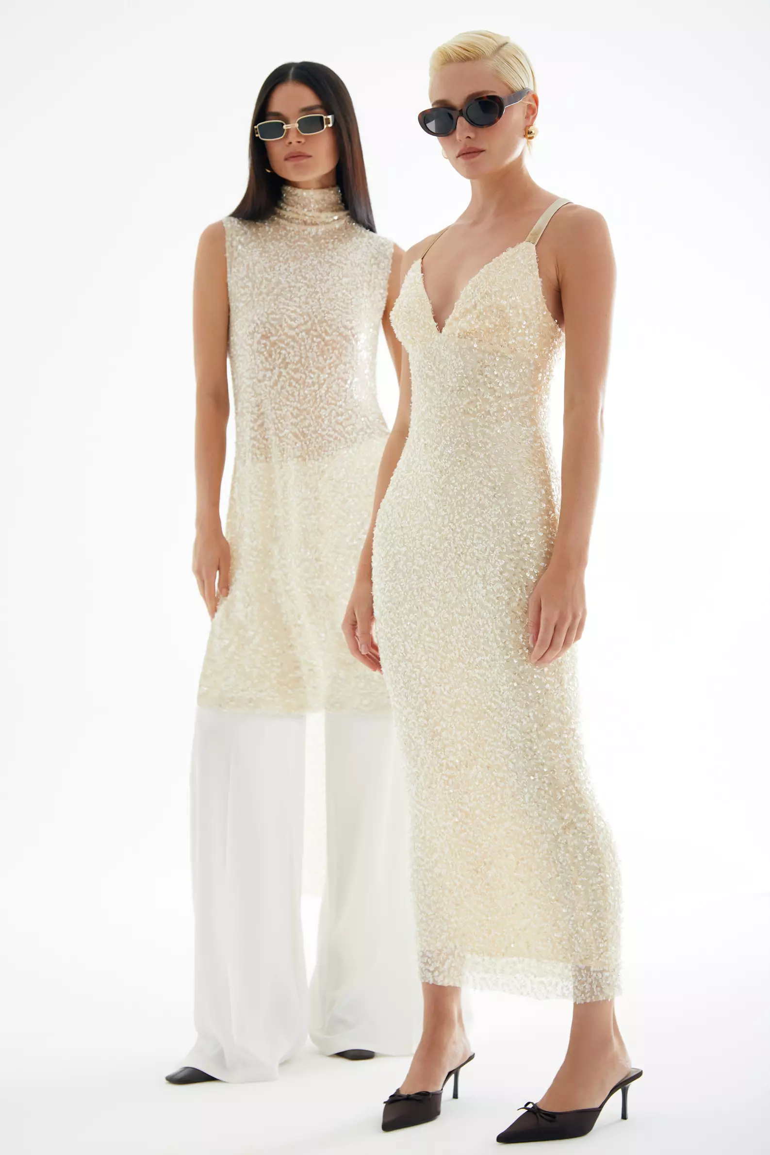 Beige sequin sleeveless midi dress