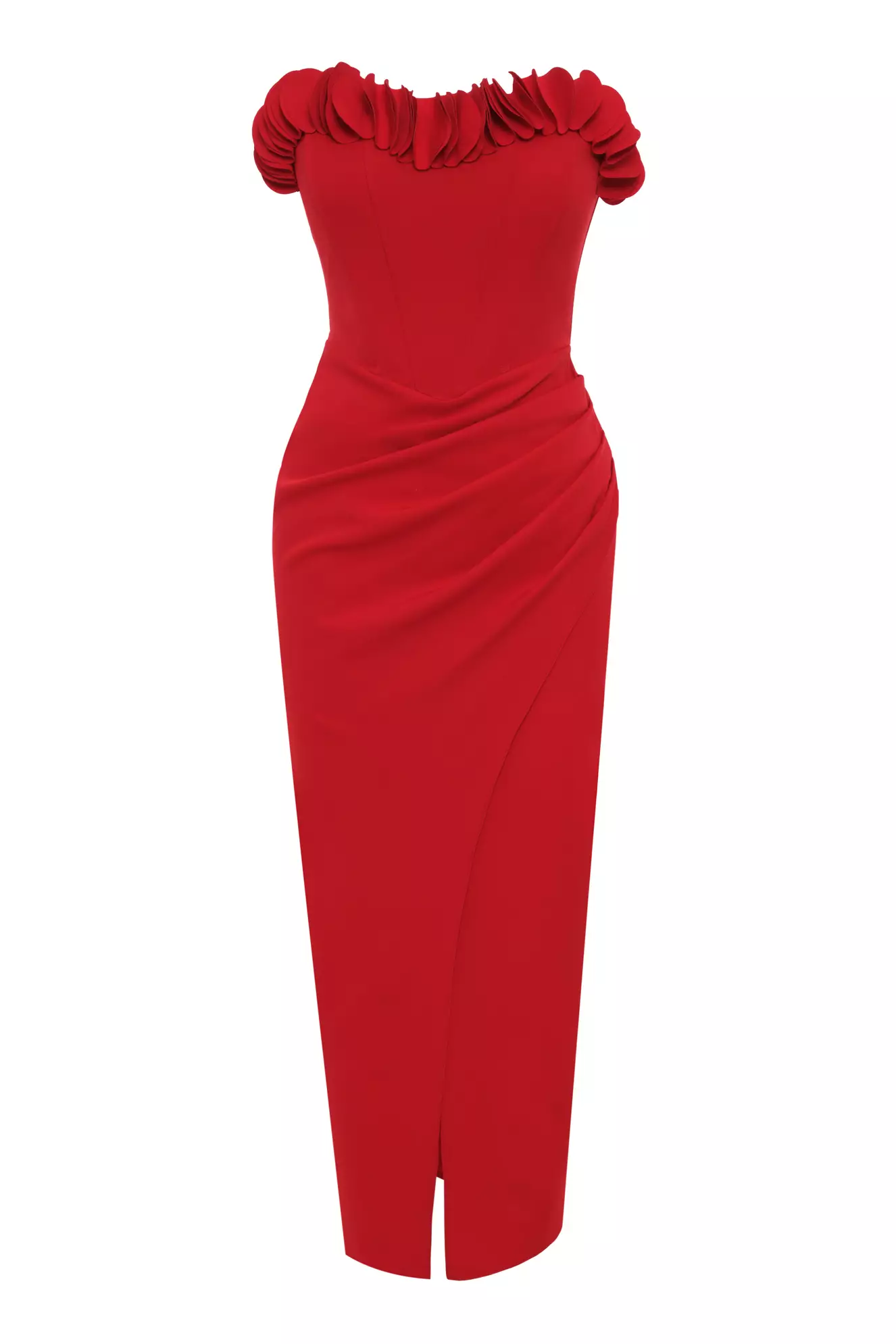 Red Crepe Strapless Midi Dress