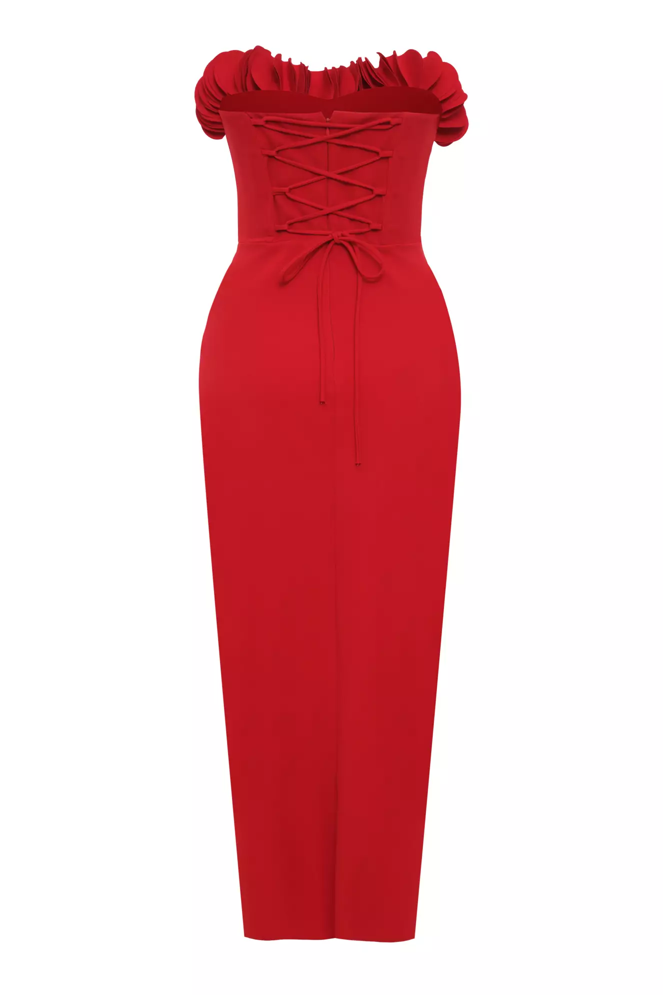 Red Crepe Strapless Midi Dress