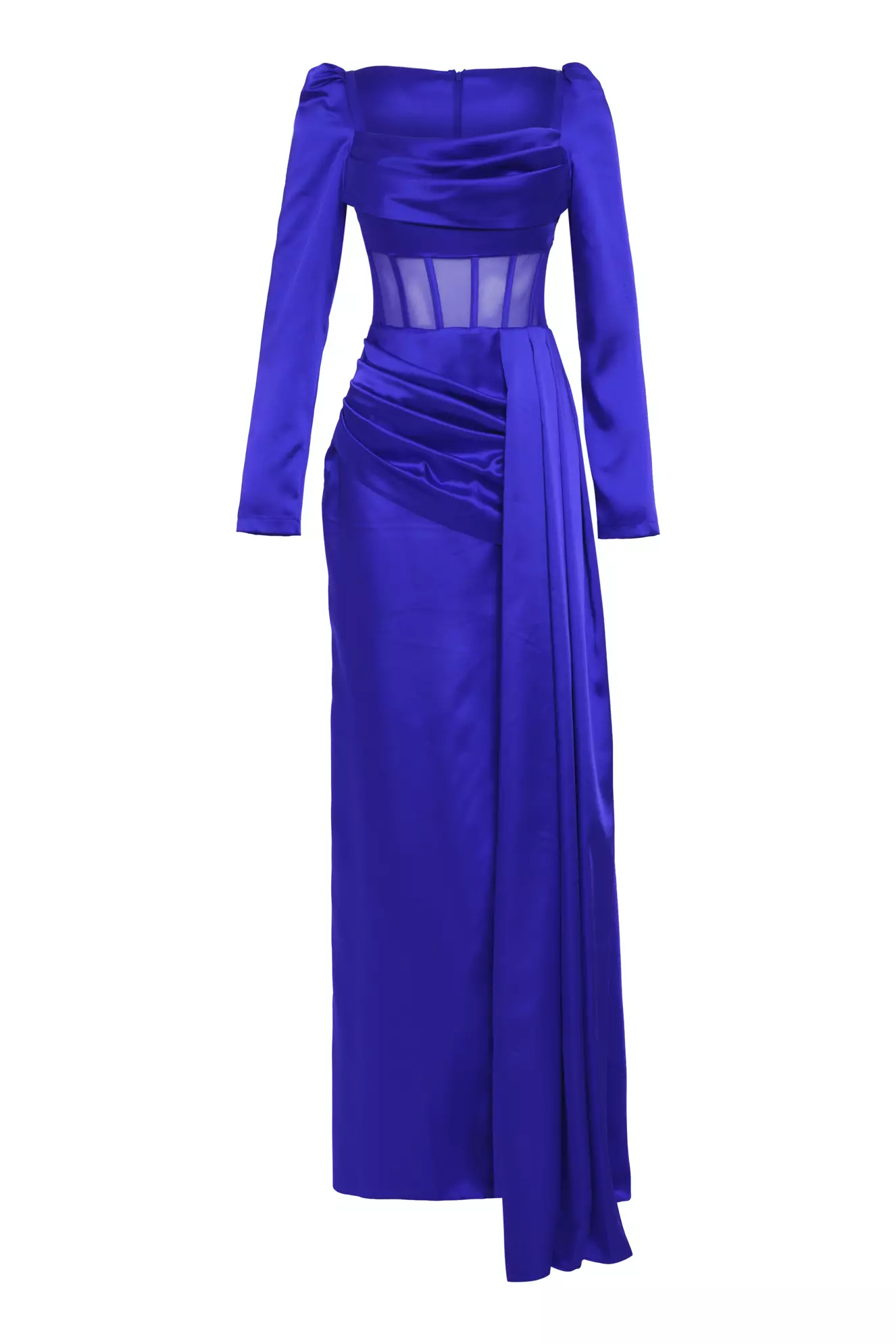 Blue Satin Long Sleeve Long Dress