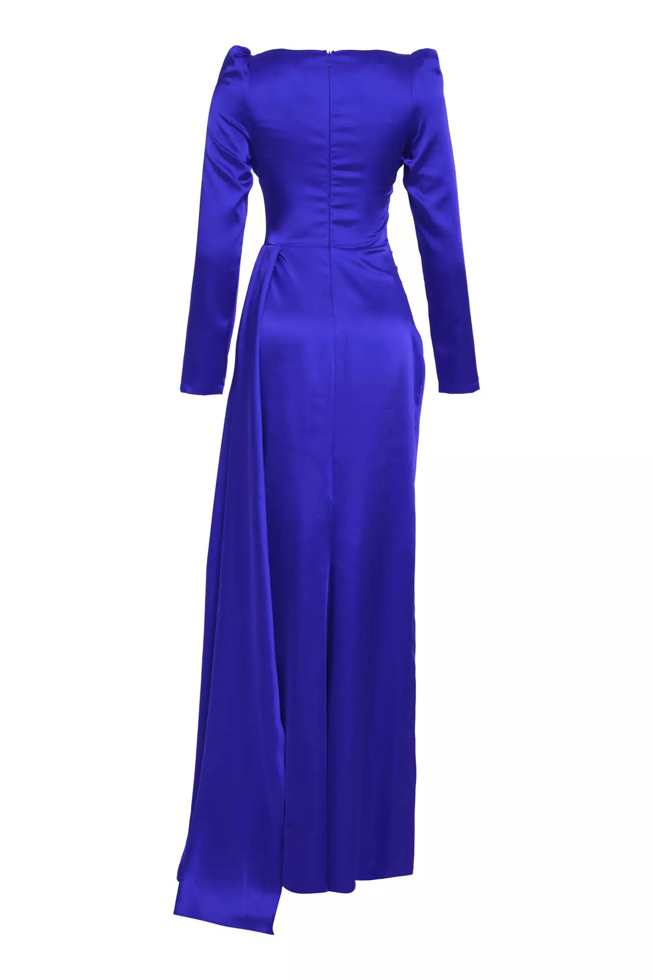 Blue Satin Long Sleeve Long Dress