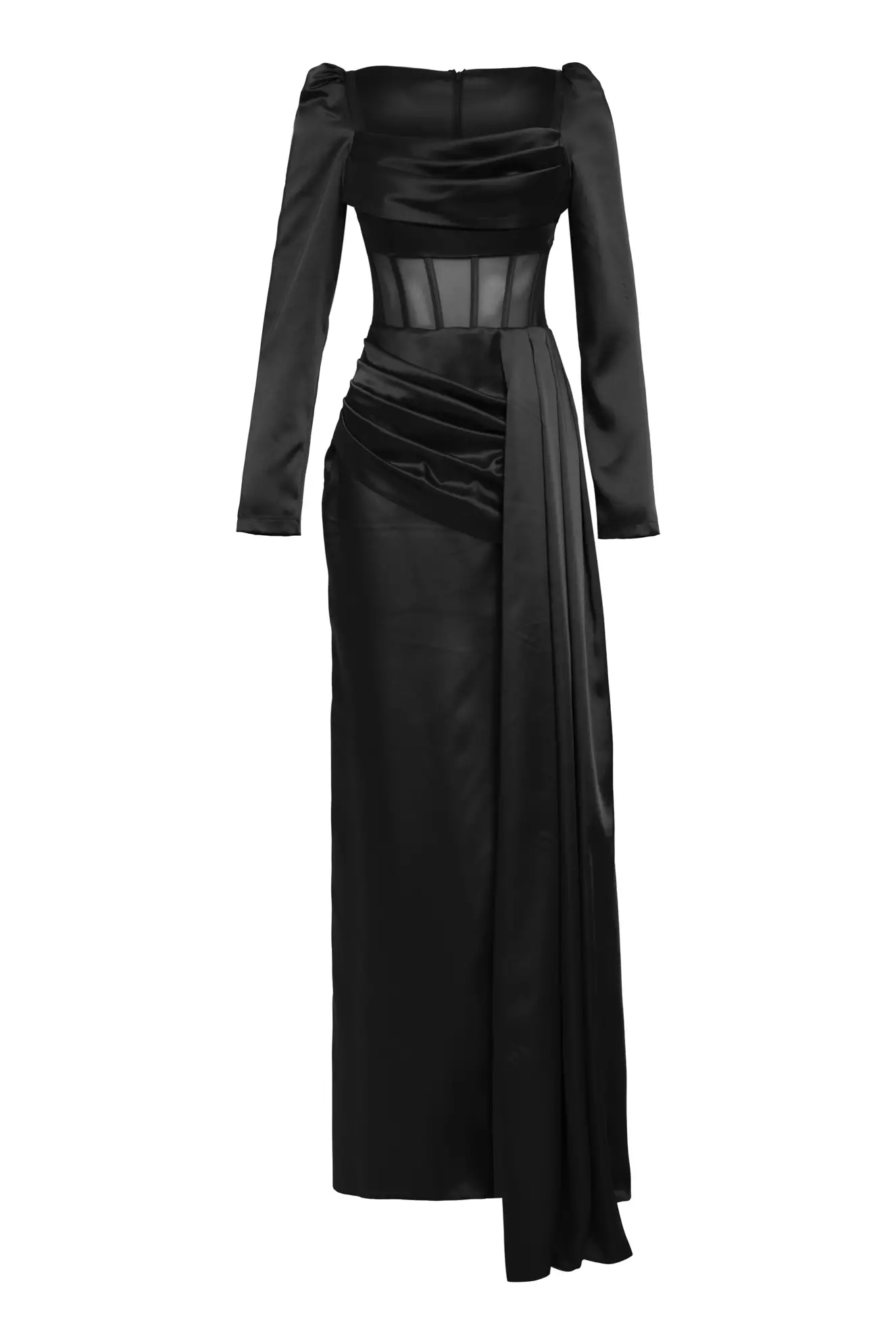 Black Satin Long Sleeve Long Dress