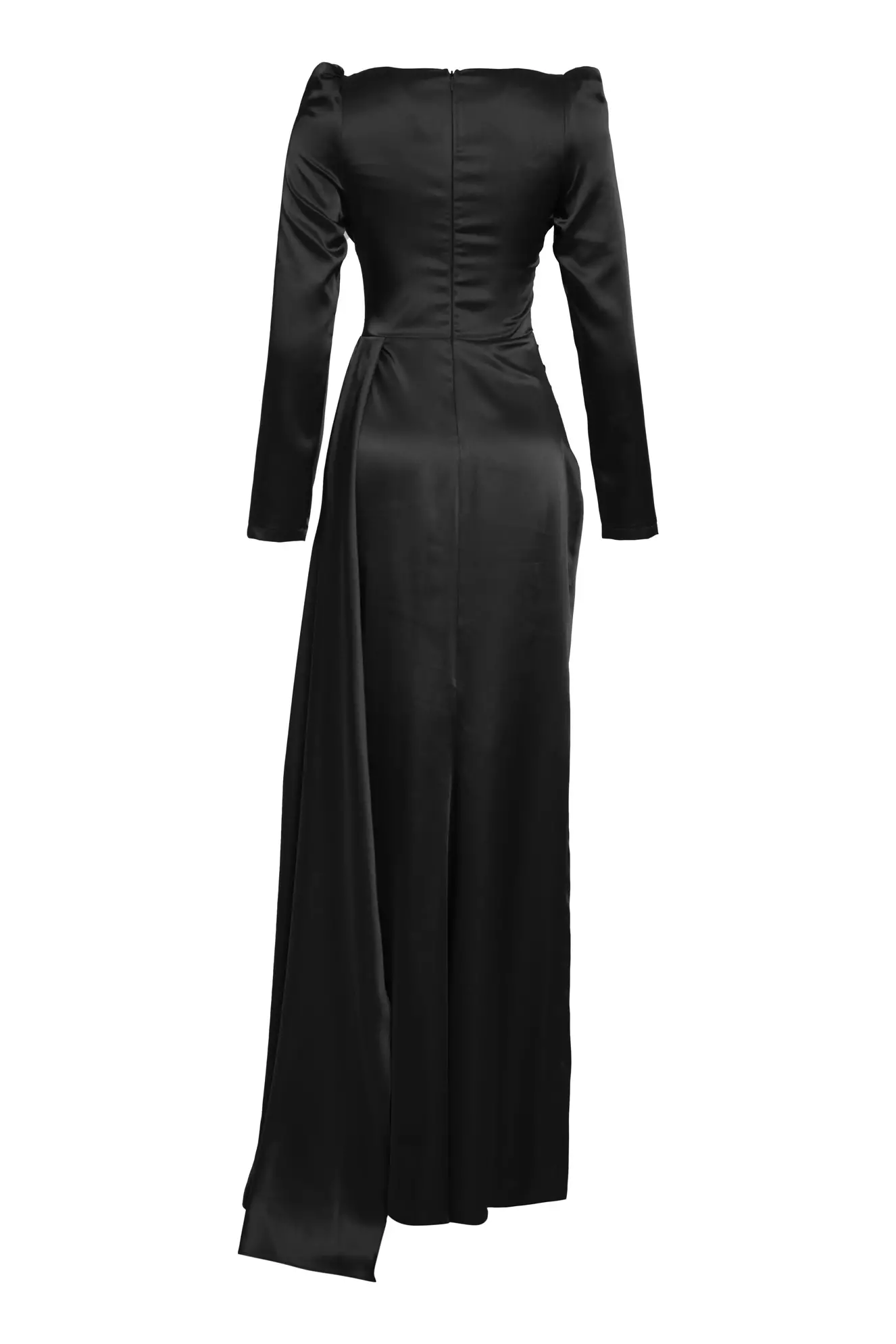 Black Satin Long Sleeve Long Dress