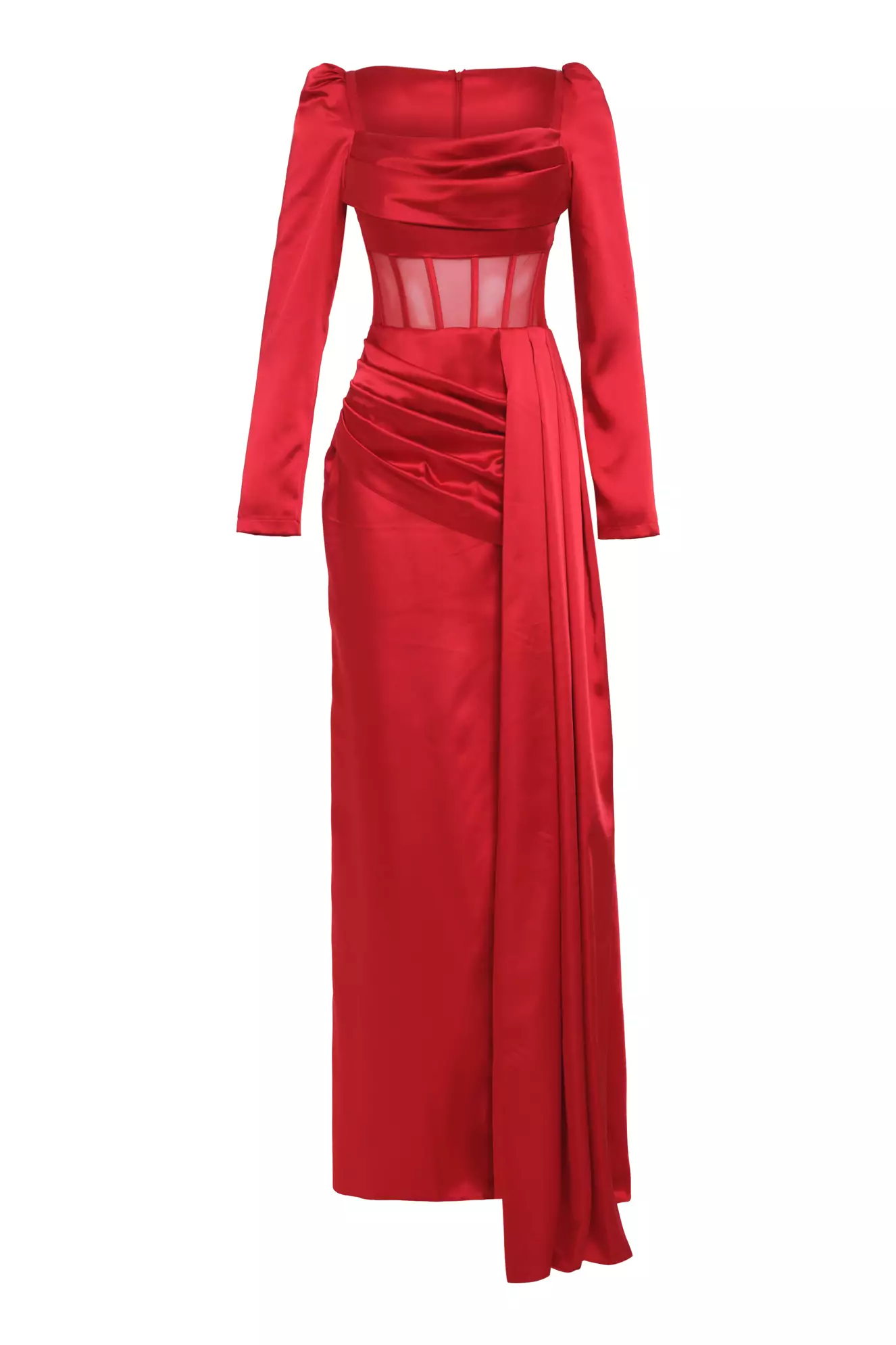 Red Satin Long Sleeve Long Dress