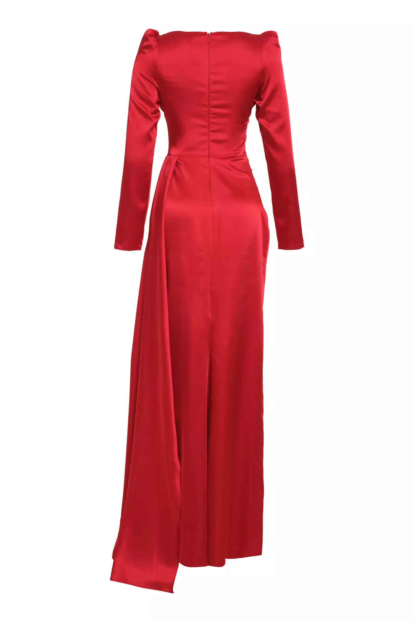 Red Satin Long Sleeve Long Dress