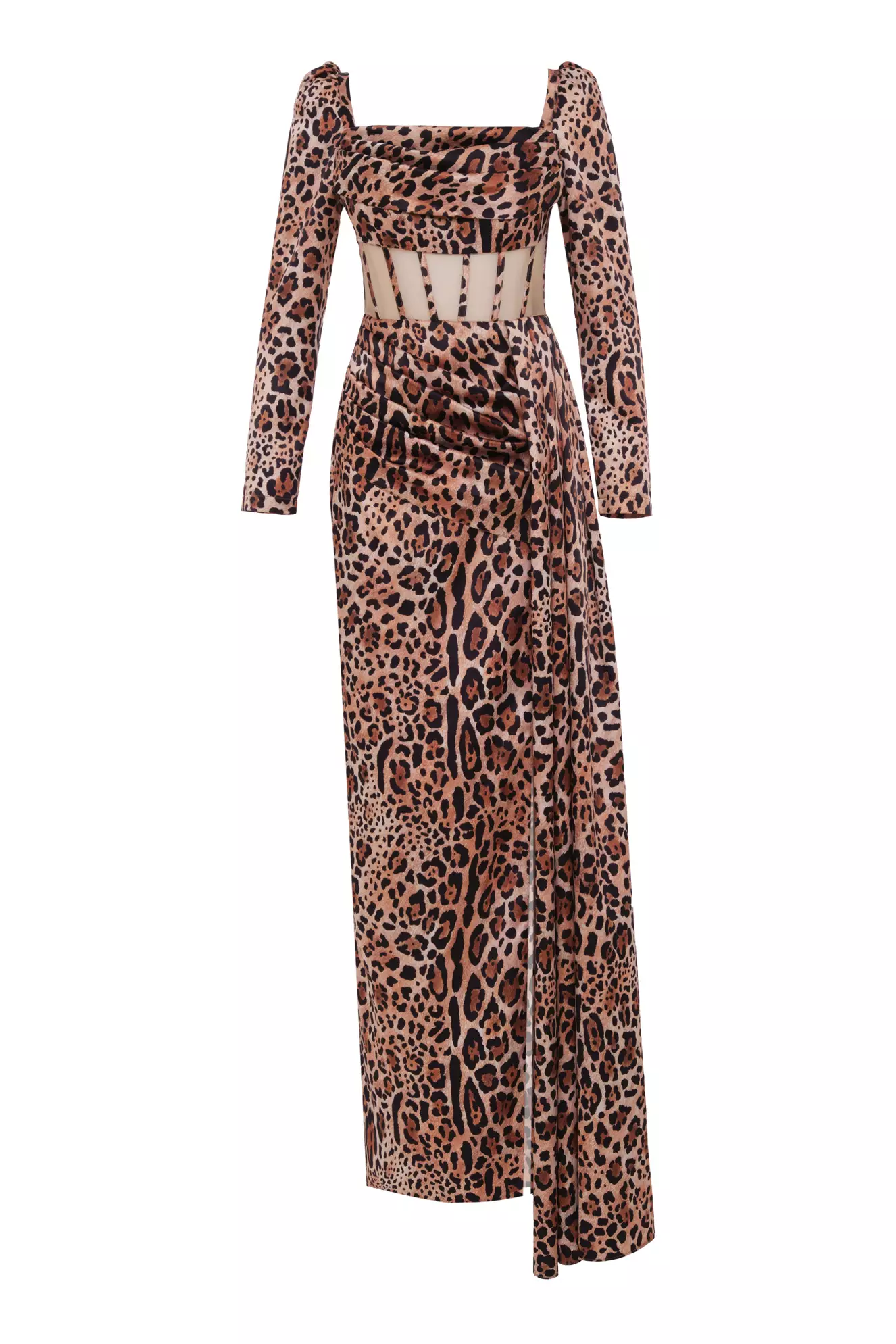 Printed Satin Long Sleeve Long Dress