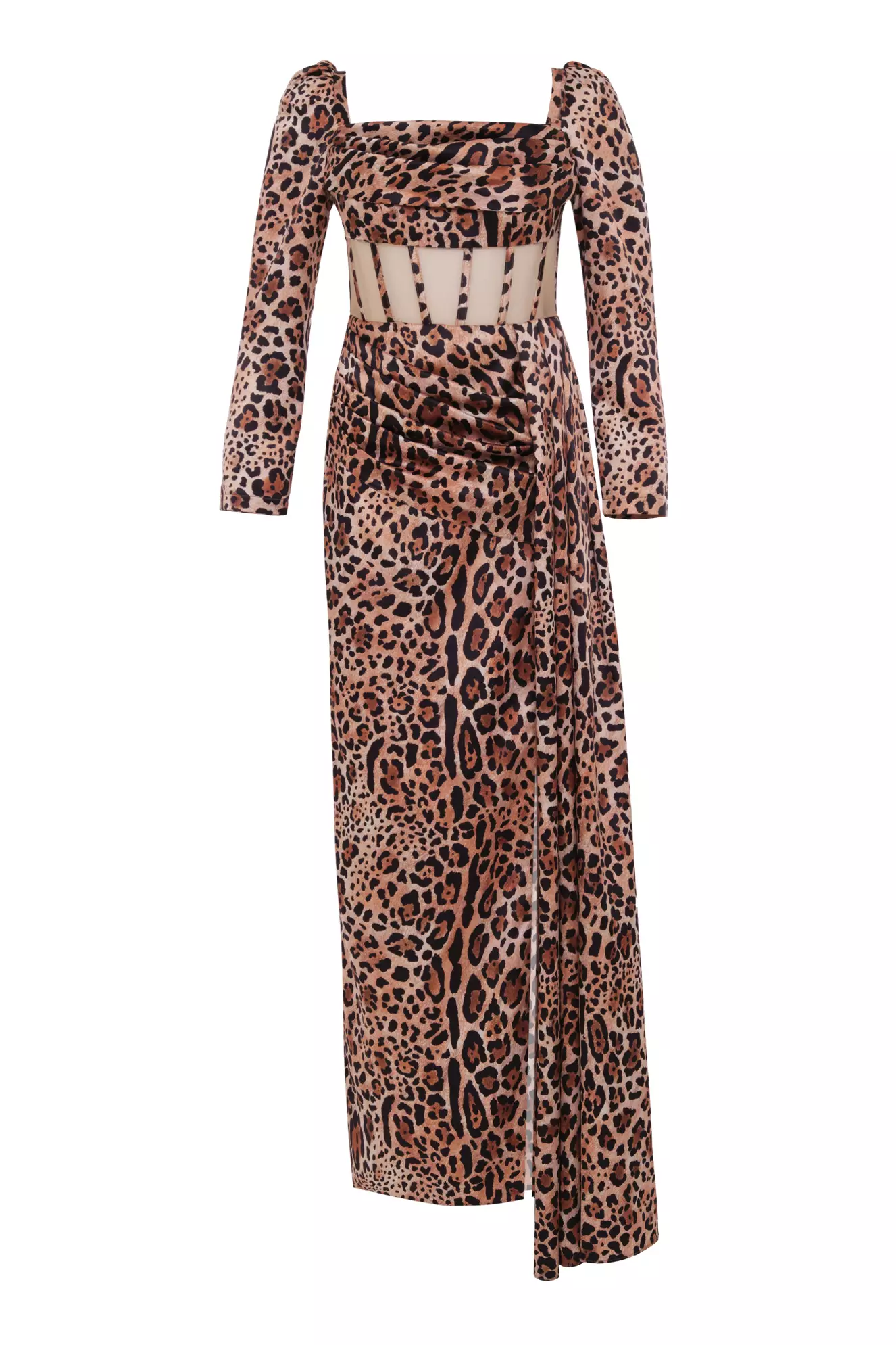 Printed Plus Size Satin Long Sleeve Long Dress