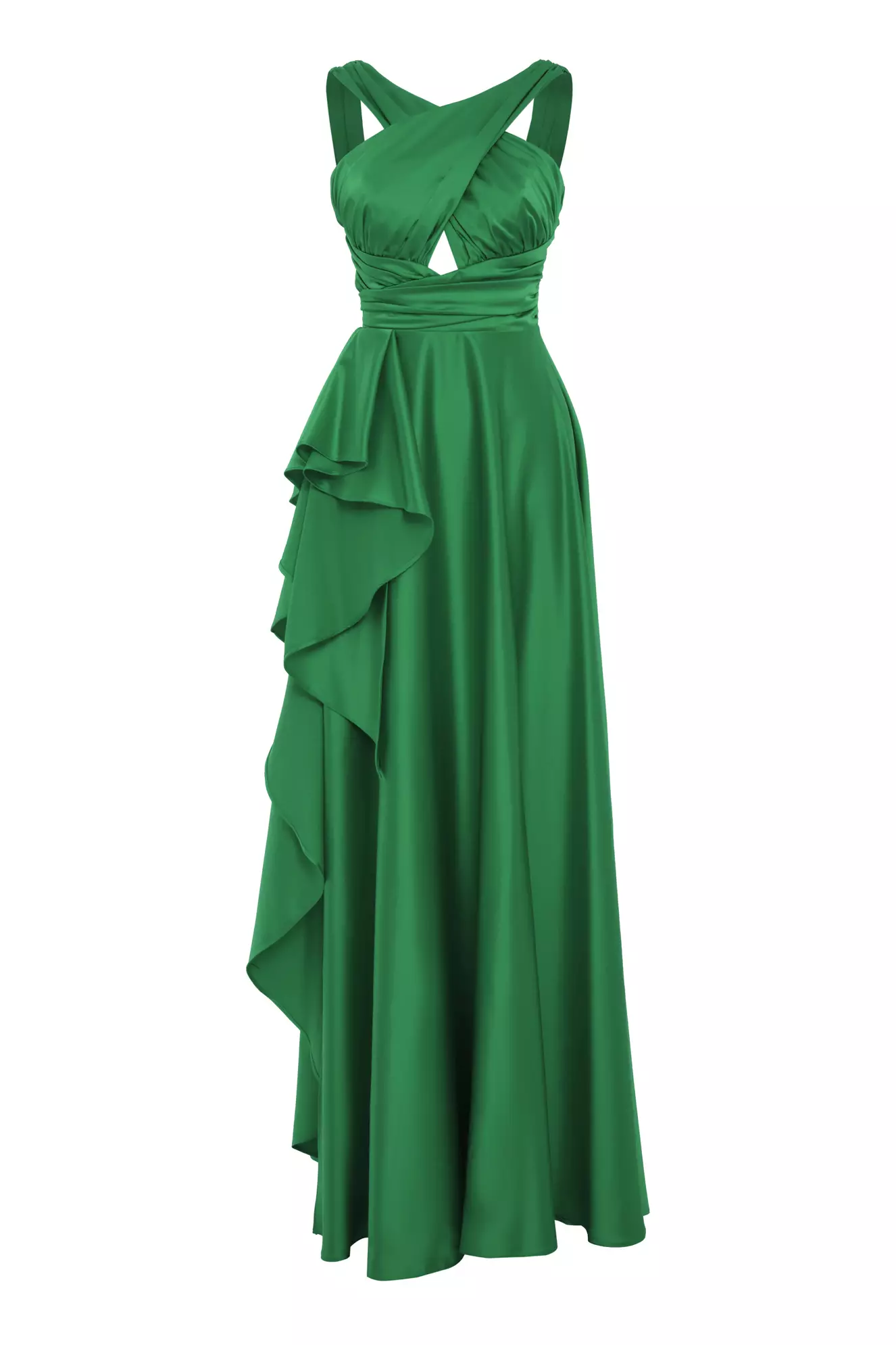 Green satin sleeveless long dress