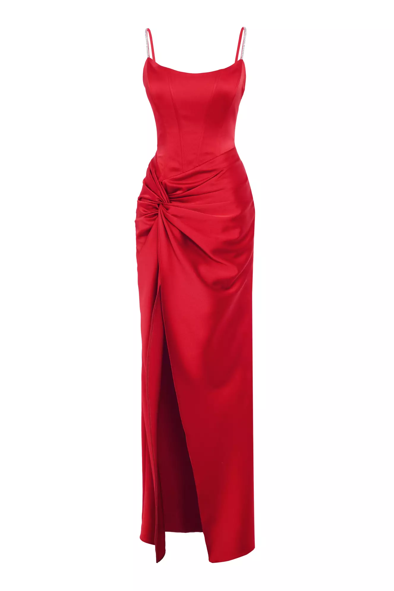strapless open back dress Elena Red Satin Midi Dress