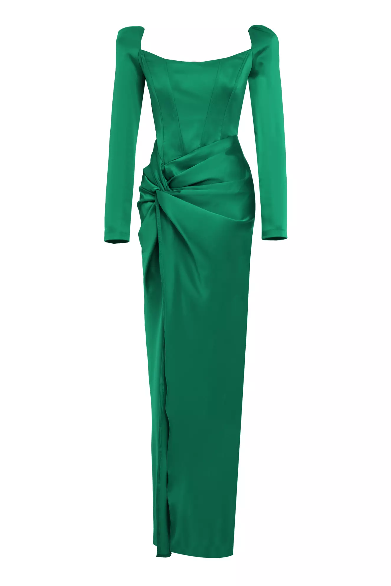Green satin long sleeve long dress