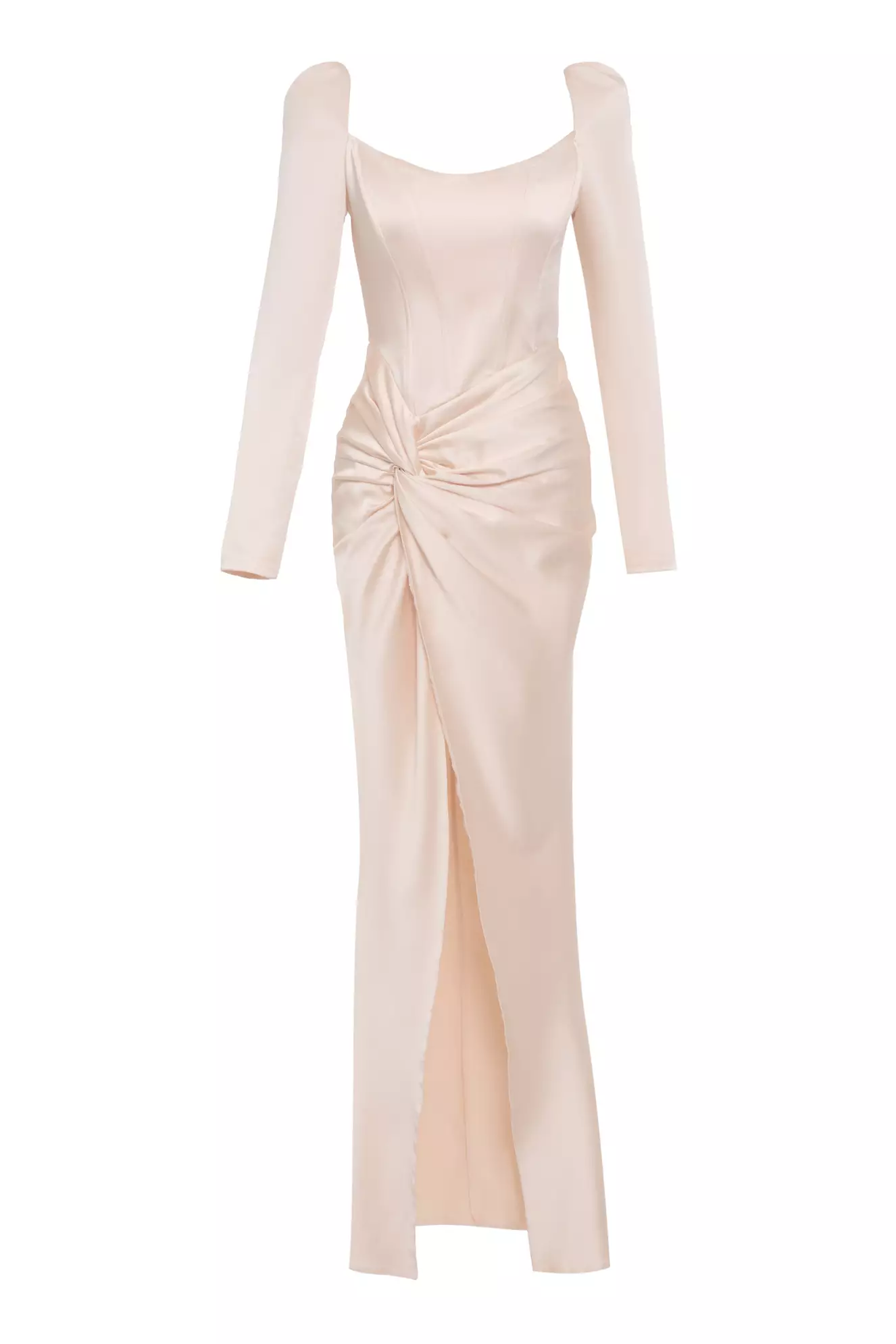 Beige Satin Long Sleeve Long Dress
