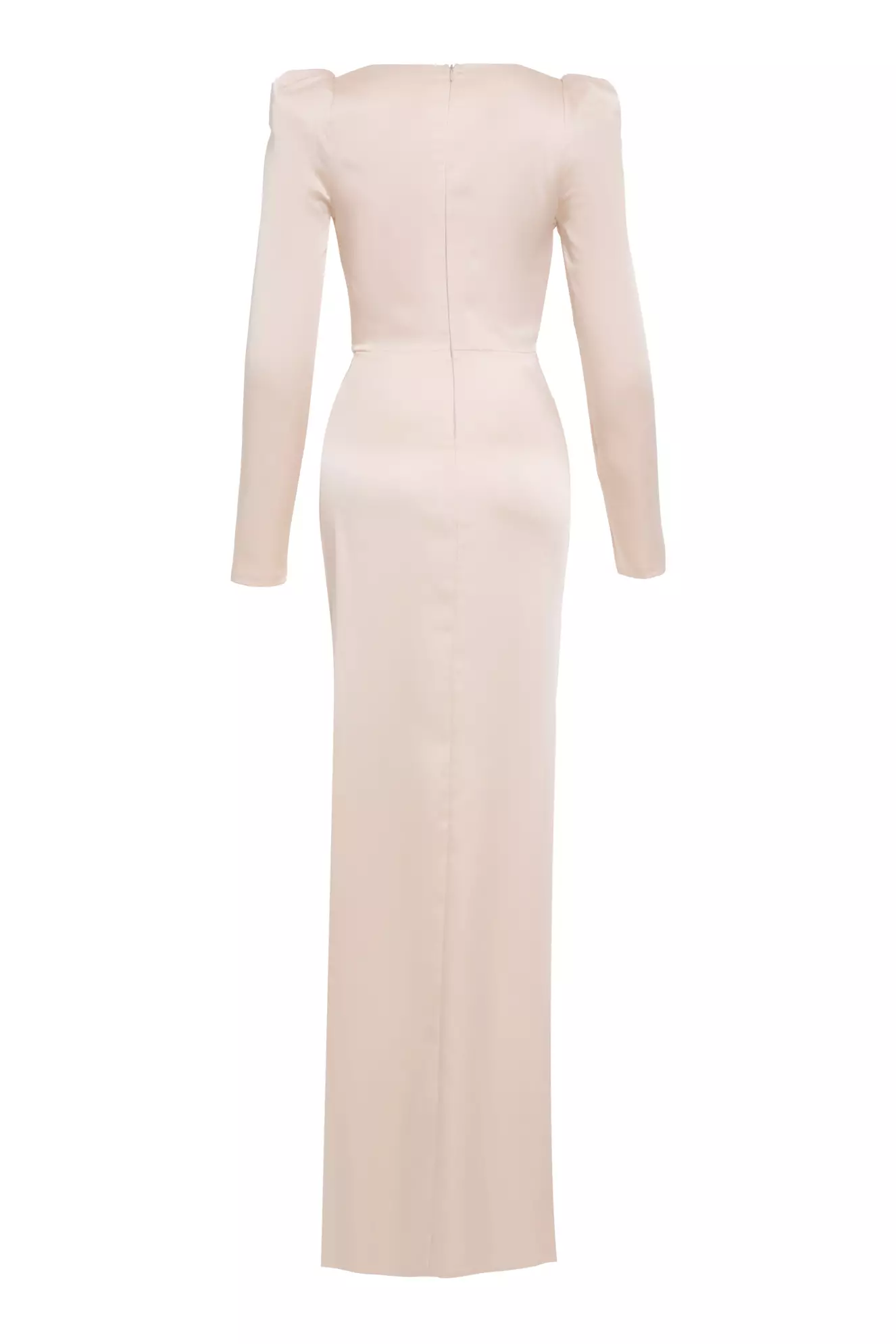 Beige Satin Long Sleeve Long Dress