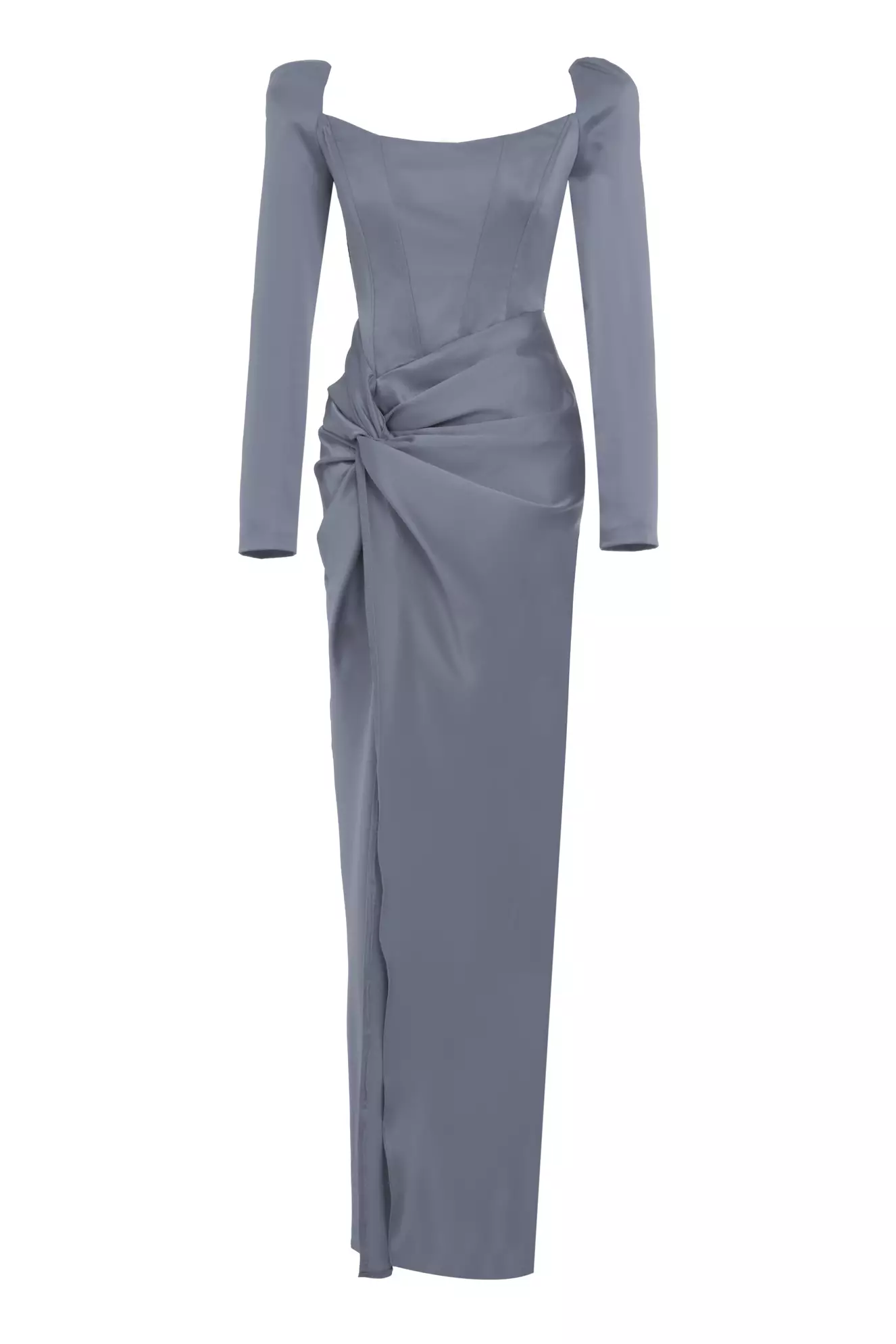 Gray Satin Long Sleeve Long Dress