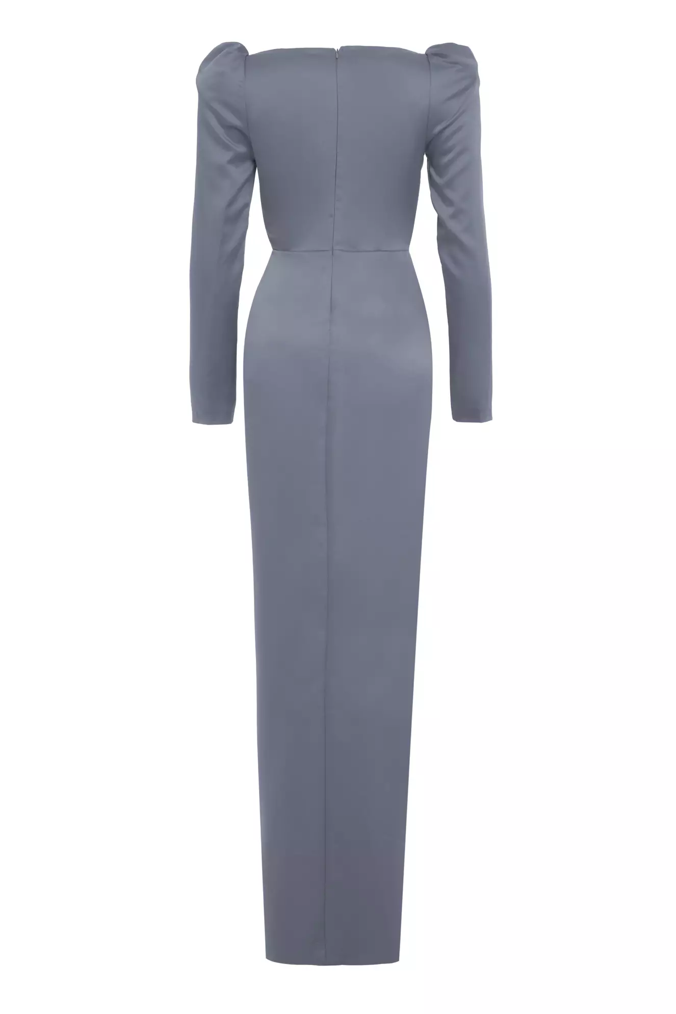 Gray Satin Long Sleeve Long Dress